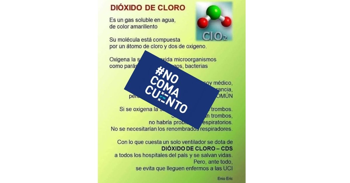 Esta imagen circula en WhatsApp y Facebook, a pesar de todas las advertencias de las entidades de salud de no ingerir dióxido de cloro vía oral como tratamiento contra la covid-19. Listado.