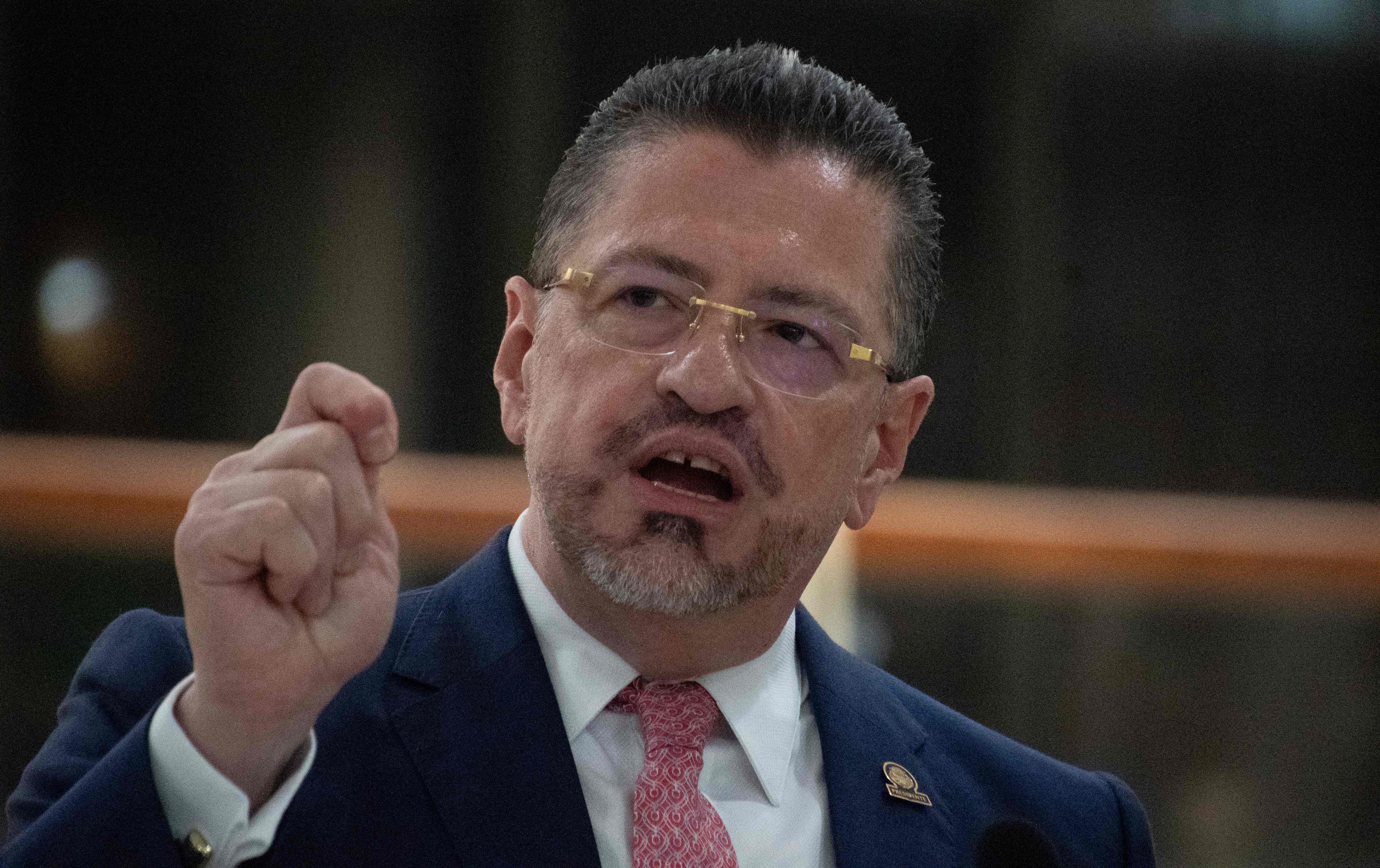 Costa Rica's President Rodrigo Chaves speaks during a joint press conference with the Commander in Chief of the Southern Command of the United States, Laura Richardson (out of frame) at the presidential palace in San Jose, on August 21, 2023. (Photo by Ezequiel BECERRA / AFP)