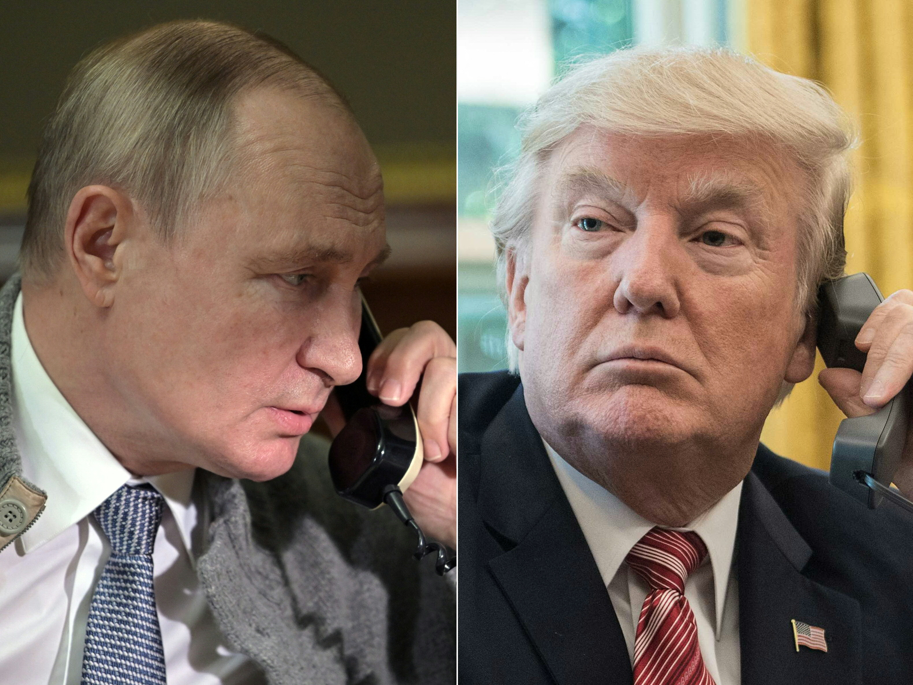 (COMBO) This combination of pictures created on March 18, 2025 shows, L-R, Russia's President Vladimir Putin in Strelna, outside St. Petersburg, on December 27, 2021 and US President Donald Trump in the Oval Office at the White House in Washington, DC, on June 27, 2017. Trump and Putin spoke by phone on Tuesday, March 18, 2025, with the White House saying the talks on securing a ceasefire in Moscow's invasion of Ukraine were "going well." (Photo by Alexey NIKOLSKY and NICHOLAS KAMM / various sources / AFP)
