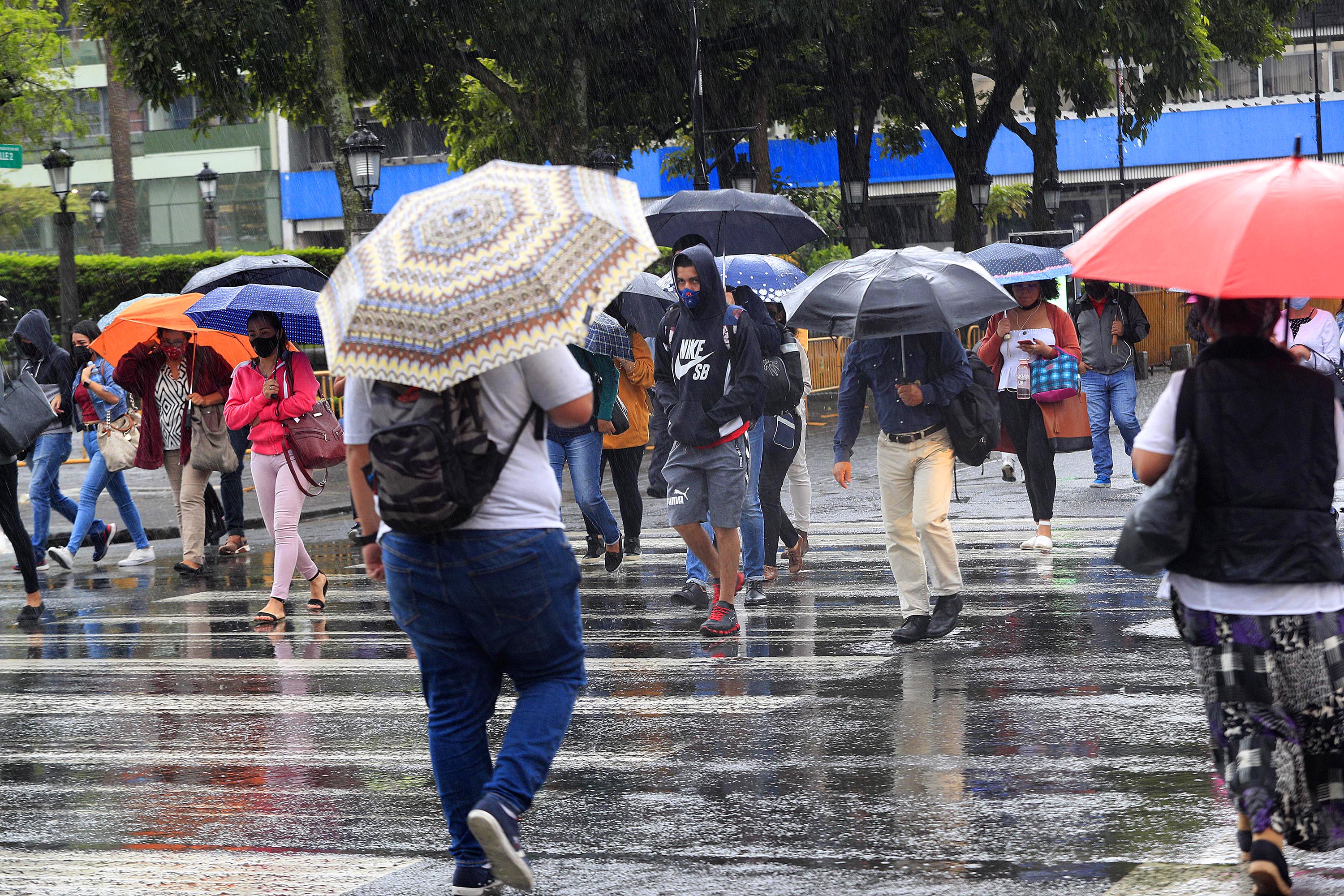 30/11/2021 Avenida Segunda, San José. La lluvia y mucho frío predominaron esta mañana en la capital, y obligaron a la gente que se dirigía para el trabajo a usar abrigos, bufandas y, sobre todo, sombrillas y paraguas. Sin olvidar, por supuesto, la mascarilla.