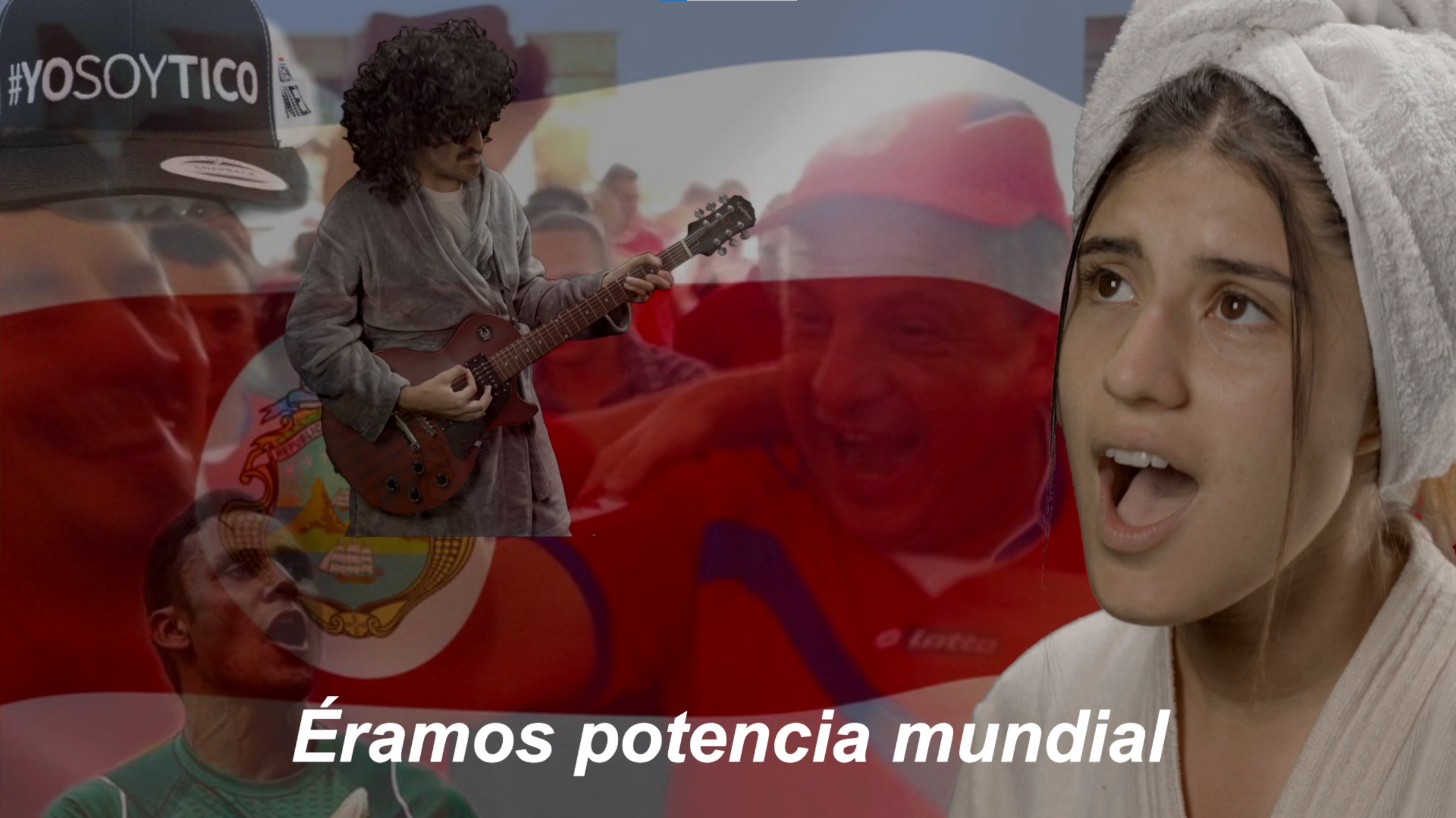 Collage de cultura costarricense que incluye la frase "Éramos potencia mundial," un hombre con guitarra eléctrica, banderas de Costa Rica, y expresiones de emoción y canto.