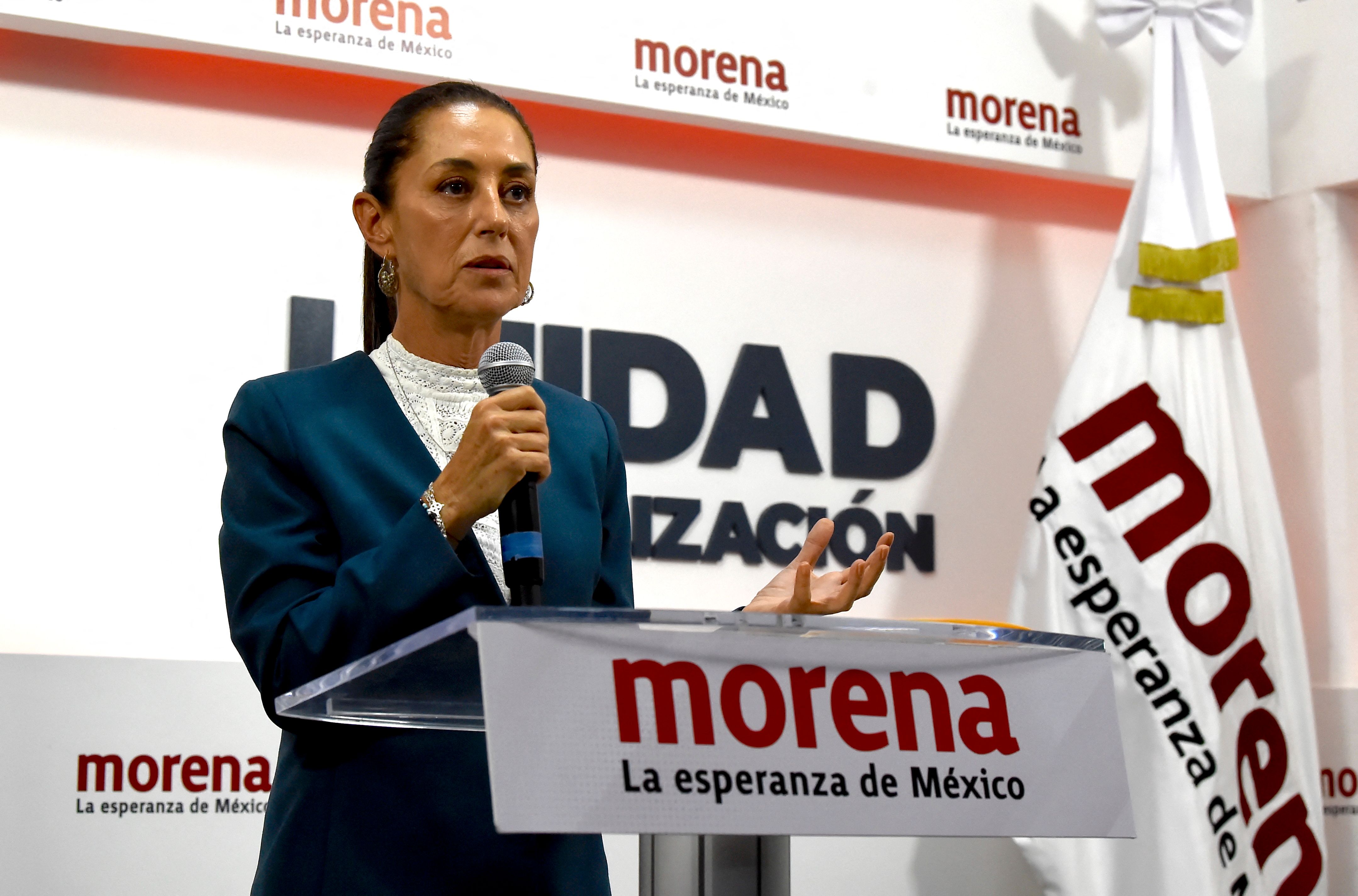 Former Head of Government of Mexico City and presidential candidate for the Morena party, Claudia Sheinbaum, speaks during a press conference in Mexico City on September 7, 2023. Two women will compete for the Mexican presidency for the first time next year after the ruling party on Wednesday named former Mexico City mayor Claudia Sheinbaum as its candidate. Sheinbaum, a 61-year-old scientist by training, will face Xochitl Galvez, an outspoken businesswoman and senator with Indigenous roots selected to represent an opposition coalition, the Broad Front for Mexico. (Photo by Claudio CRUZ / AFP)
