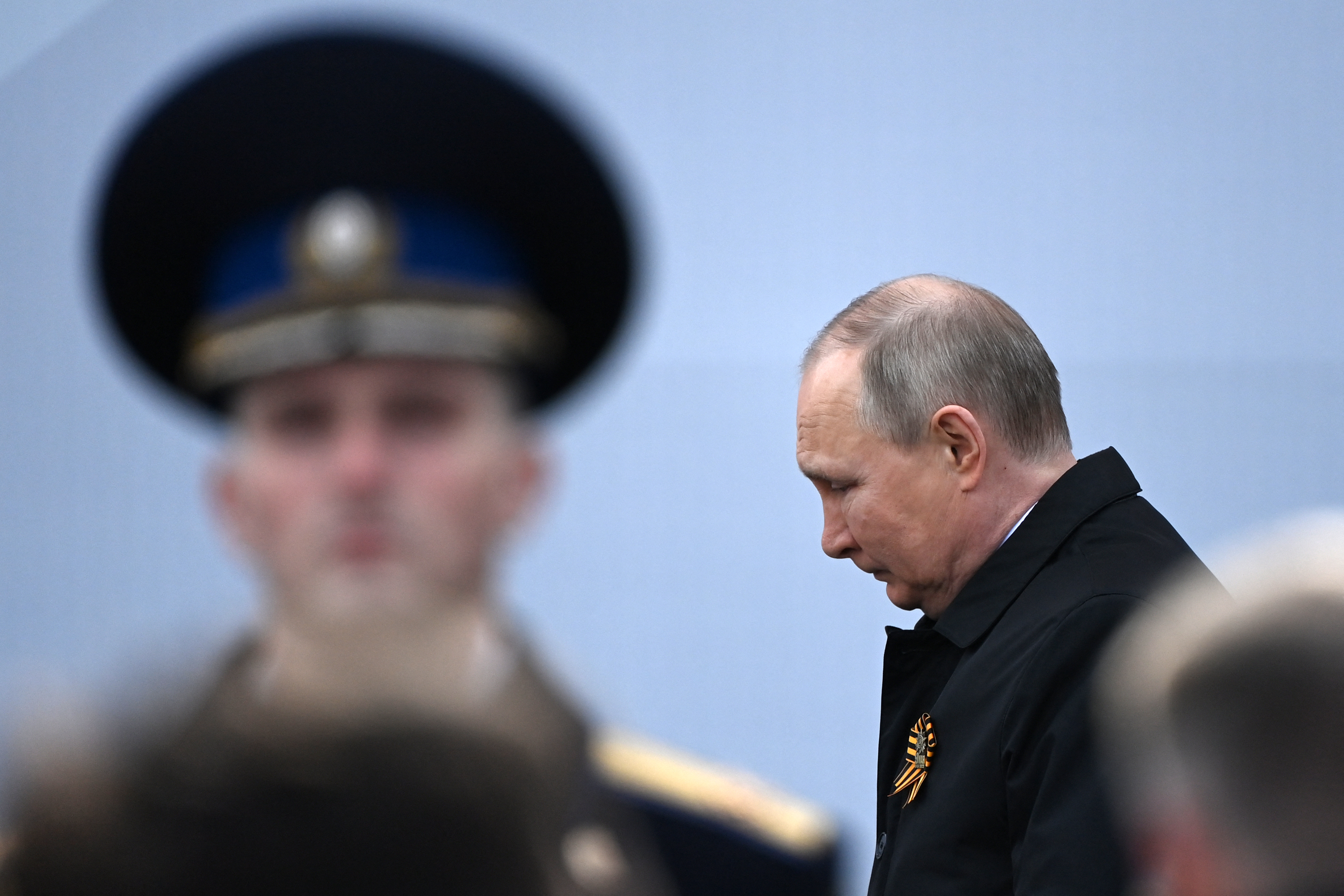 Russian President Vladimir Putin arrives to watch the Victory Day military parade at Red Square in central Moscow on May 9, 2022. - Russia celebrates the 77th anniversary of the victory over Nazi Germany during World War II. (Photo by Kirill KUDRYAVTSEV / AFP)
