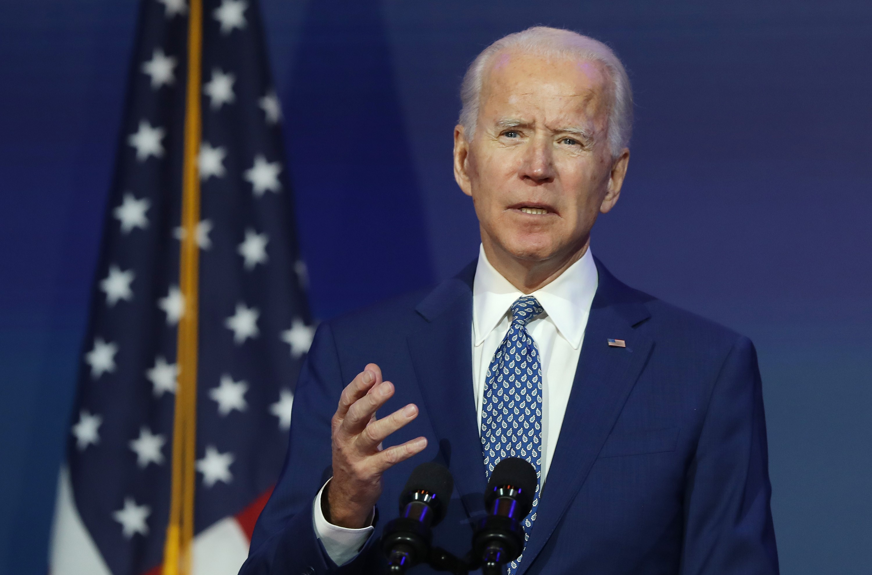 WILMINGTON, DELAWARE - NOVEMBER 09: U.S. President-elect Joe Biden speaks to the media after receiving a briefing from the transition COVID-19 advisory board on November 09, 2020 at the Queen Theater in Wilmington, Delaware. Mr. Biden spoke about how his administration would respond to the coronavirus pandemic. Joe Raedle/Getty Images/AFP
== FOR NEWSPAPERS, INTERNET, TELCOS & TELEVISION USE ONLY ==