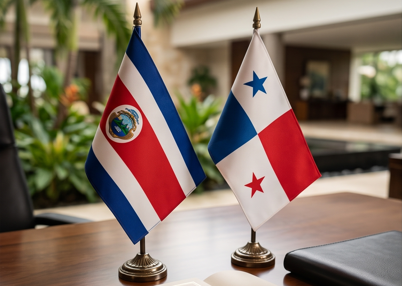 Banderas de Costa Rica y Panamá colocadas sobre una mesa de reuniones en un espacio interior. La imagen simboliza el diálogo bilateral entre ambos países en torno al conflicto comercial y las negociaciones para restablecer el acceso de productos costarricenses al mercado panameño.