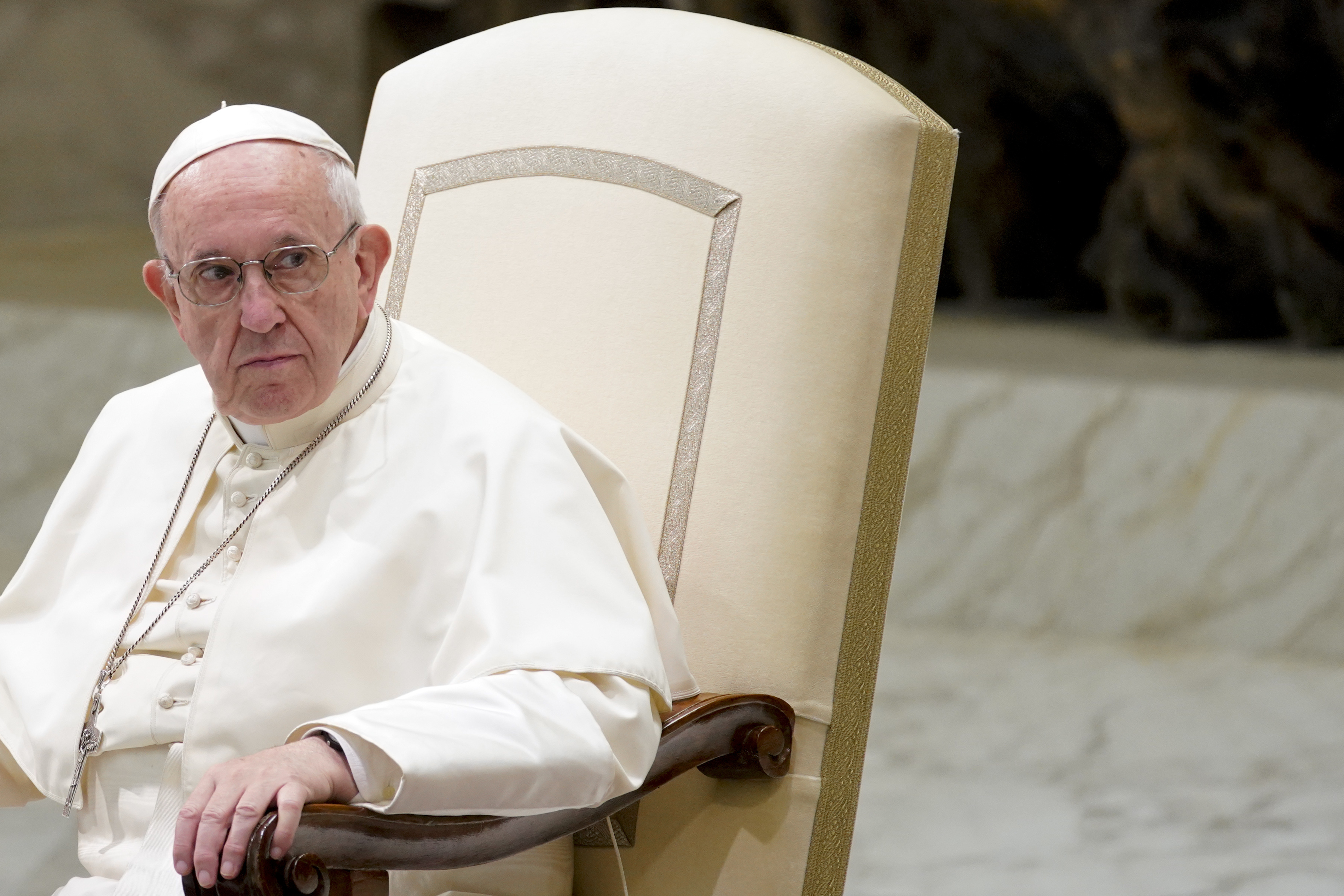 Pope Francis holds his weekly general audience in the Pope Paul VI hall at the Vatican, Wednesday, Aug. 22, 2018. (AP Photo/Andrew Medichini)