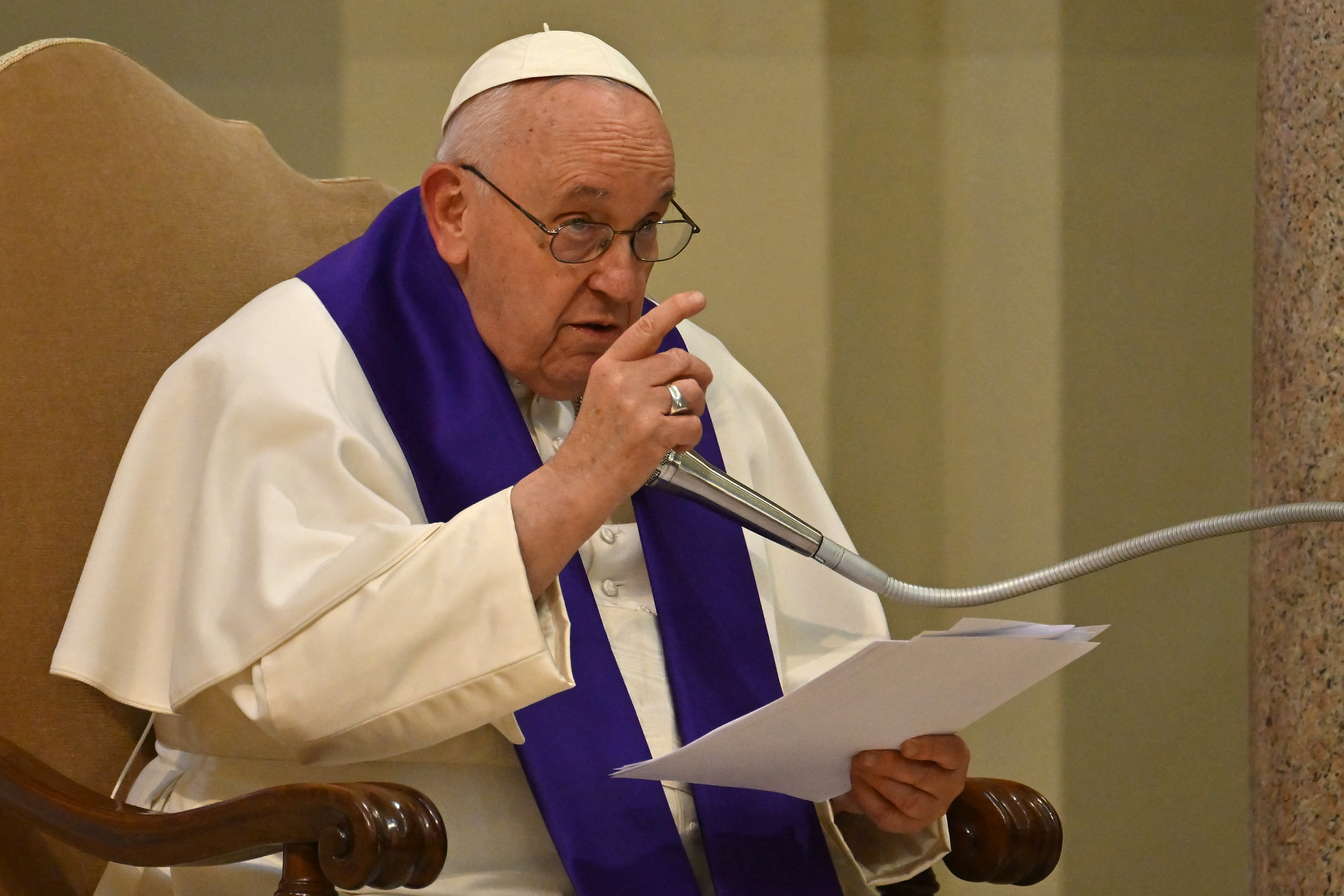 Pope Francis speaks as he presides over the "24 Hours of the Lord" at the parish of Santa Maria delle Grazie al Trionfale, on March 17, 2023 in Rome. (Photo by Filippo MONTEFORTE / AFP)