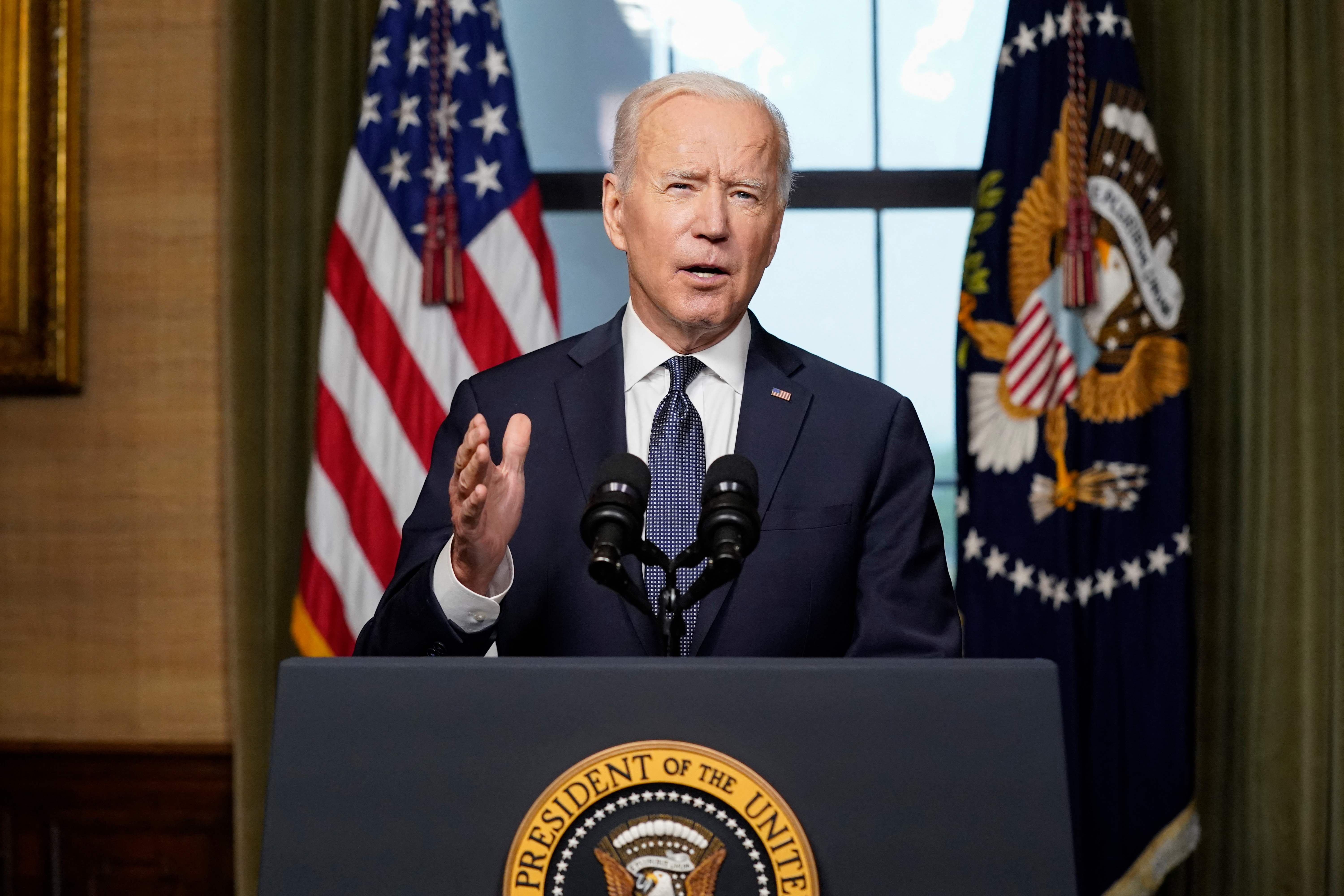 US President Joe Biden speaks from the Treaty Room in the White House on April 14, 2021 in Washington, DC, about the withdrawal of the remainder of US troops from Afghanistan. - President Joe Biden announced Wednesday it's "time to end" America's longest war with the unconditional withdrawal of troops from Afghanistan, where they have spent two decades in a bloody, largely fruitless battle against the Taliban. (Photo by Andrew Harnik / POOL / AFP)