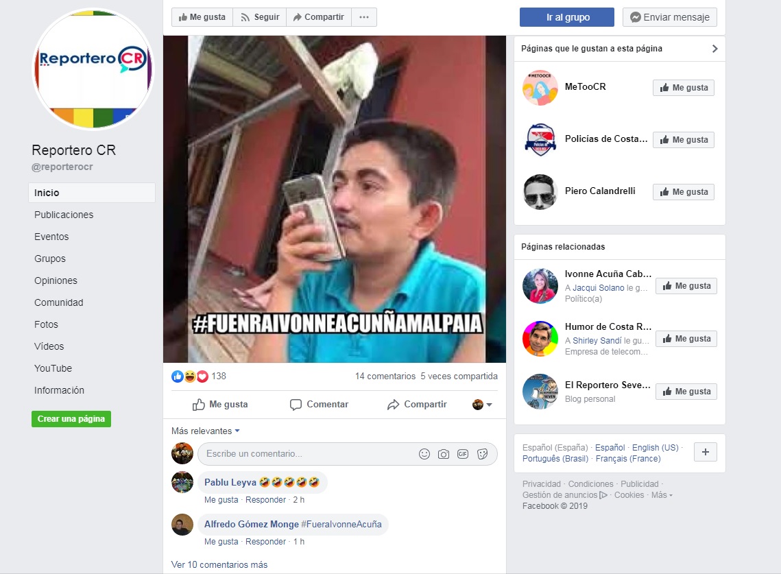 Reportero CR es una de las páginas que promueven la campaña #FueraIvonneAcuña. Foto: captura de pantalla