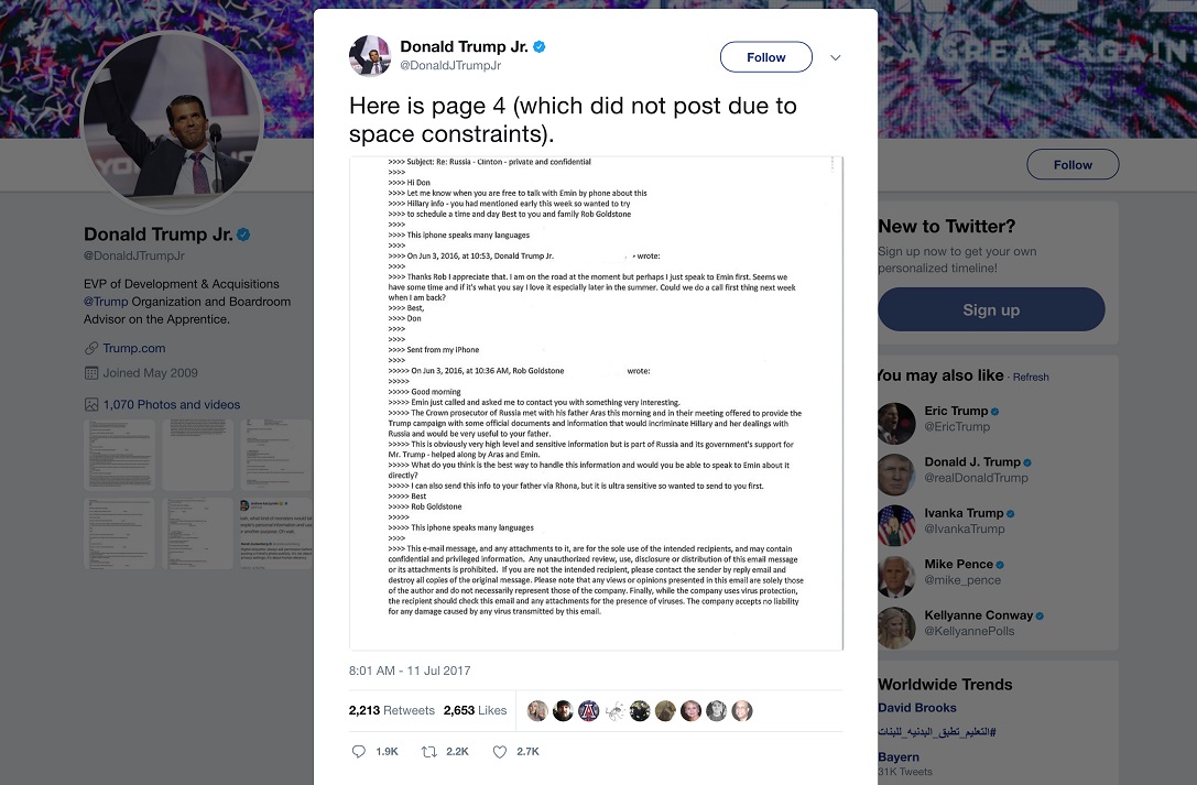 Tuit del Donald Trump Jr. en el cual revela los correos electrónicos con los rusos.