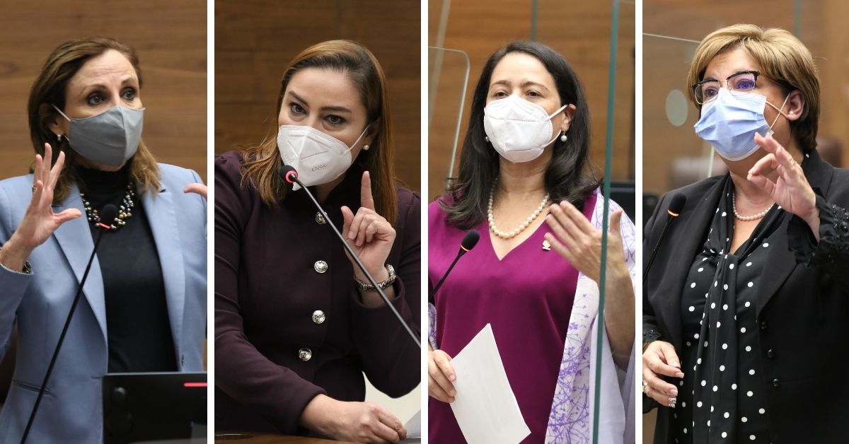 Las diputadas Zoila Volio (independiente), Ana Lucía Delgado (PLN), Nielsen Pérez (PAC) y Shirley Díaz (PUSC) abogaron porque se discuta en el Congreso el plan sobre la violencia política hacia la mujer. Foto: Asamblea Legislativa.