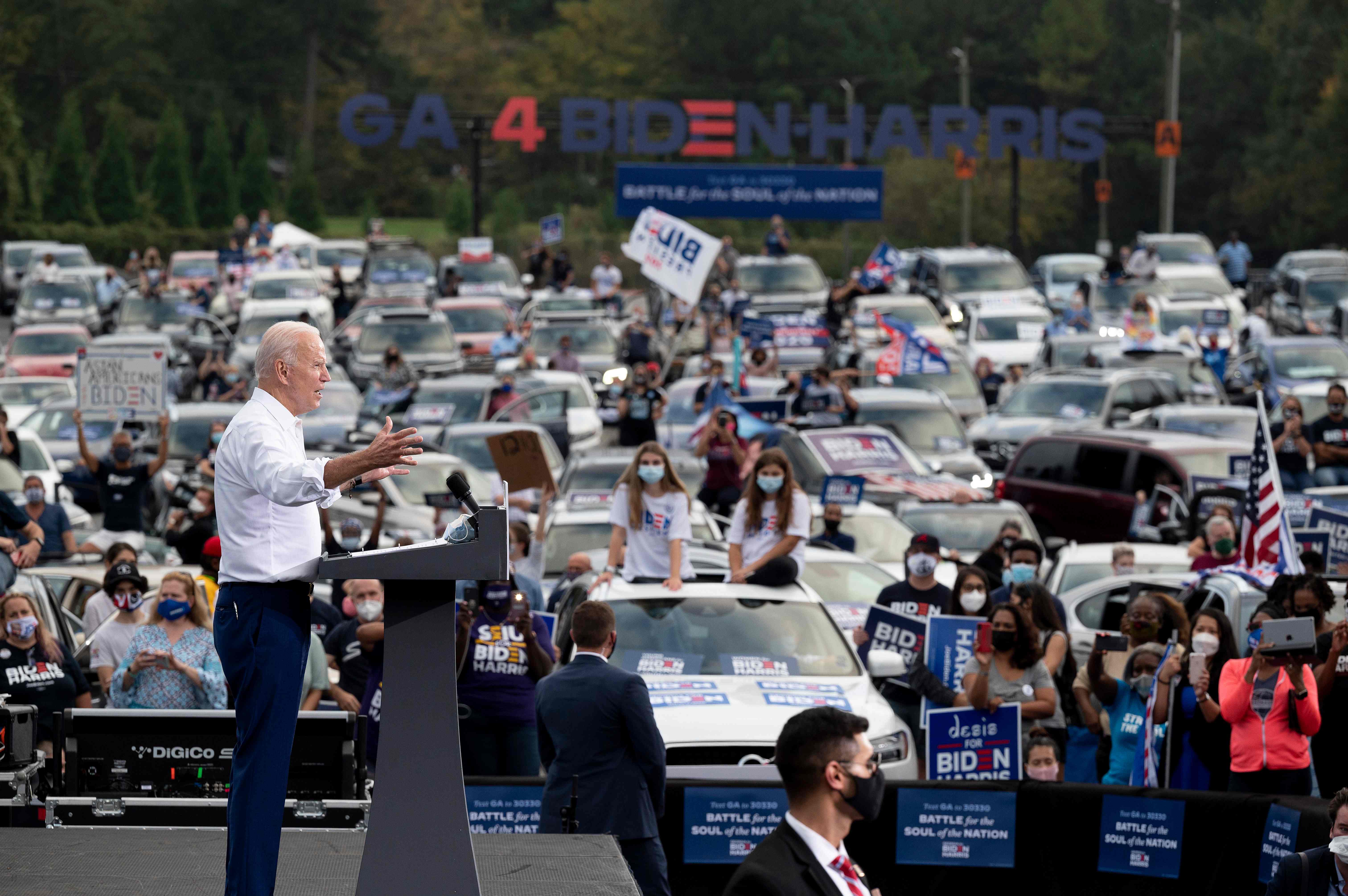 Democratic Presidential Candidate Joe Biden speaks during a voter mobilization event in Atlanta, Georgia, on October 27, 2020. (Photo by JIM WATSON / AFP)