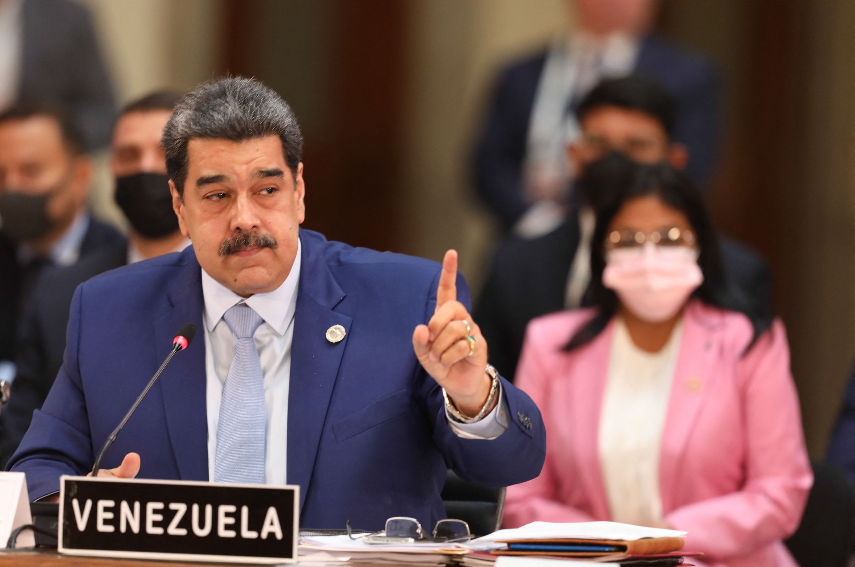 Handout picture released by the Mexican Foreign Ministry showing Venezuelan President Nicolas Maduro talking during the Sixth Summit of the Community of Latin American and Caribbean States (CELAC) at Mexico's National Palace, in Mexico City on September 18, 2021. - Venezuelan President Nicolas Maduro arrived in Mexico on Friday to participate in a gathering of leaders from Latin America and the Caribbean, a rare trip abroad and his first since the United States accused him of drug trafficking. (Photo by Handout / Mexican Foreign Ministry / AFP) / RESTRICTED TO EDITORIAL USE - MANDATORY CREDIT "AFP PHOTO / MEXICAN FOREIGN MINISTRY" - NO MARKETING - NO ADVERTISING CAMPAIGNS - DISTRIBUTED AS A SERVICE TO CLIENTS