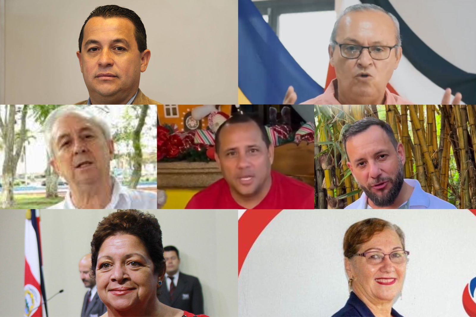 En orden, estos son los siete candidatos que buscan llegar a las alcaldías de su cantón: Mario Vargas, San José; Walter Céspedes, Matina; Roberto González, Santo Domingo; Freiner Lara, Golfito; Francisco González, Garabito; Patricia Bolaños, Quepos; y Aida Soto, Puerto Jiménez.