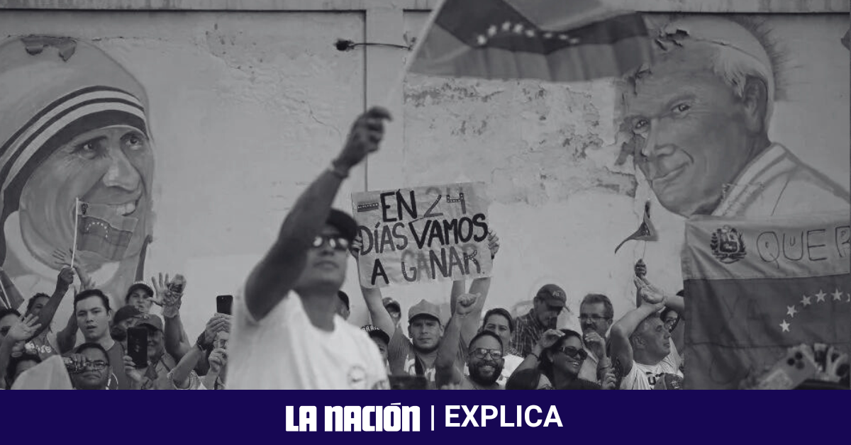 Los partidarios del candidato presidencial venezolano Edmundo González asisten a un mitin en Caracas el 4 de julio de 2024. La campaña para las elecciones presidenciales del 28 de julio se inauguró en medio de una crisis política y económica sin precedentes. Nicolás Maduro, el actual presidente, busca la reelección para un tercer mandato mientras enfrenta acusaciones de persecución política y una grave crisis humanitaria. (Foto de Gabriela ORAA/AFP)