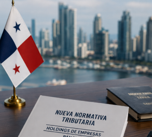 Bandera de Panamá sobre un escritorio con un documento titulado "Nueva Normativa Tributaria" en primer plano y el perfil urbano de Ciudad de Panamá desenfocado al fondo. La imagen representa los cambios regulatorios que exigirán sustancia económica a multinacionales con rentas pasivas de fuente extranjera.