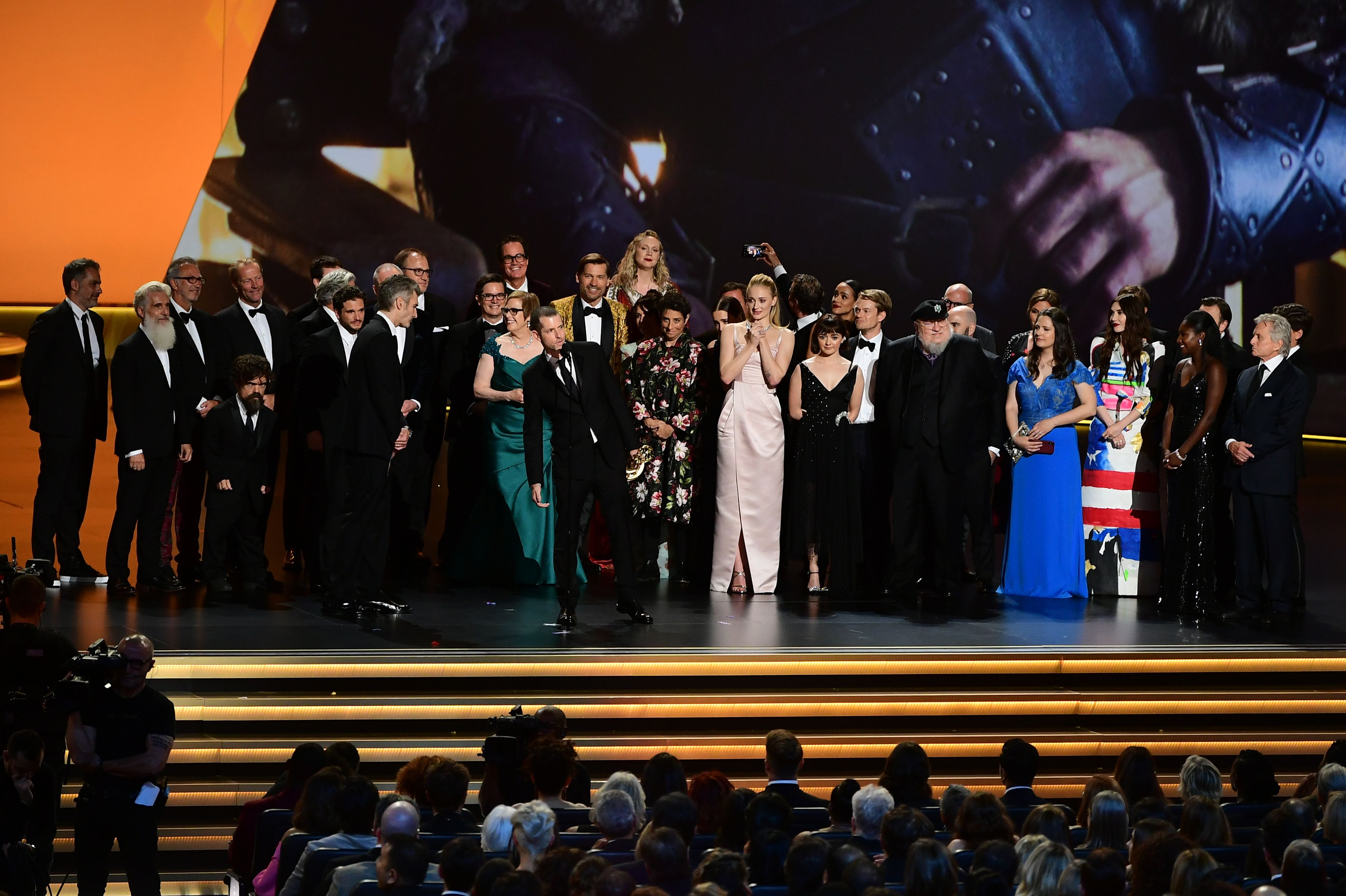 Cast and crew of "Game of Thrones" accepts the Outstanding Drama Series award onstage during the 71st Emmy Awards at the Microsoft Theatre in Los Angeles on September 22, 2019. (Photo by Frederic J. BROWN / AFP)