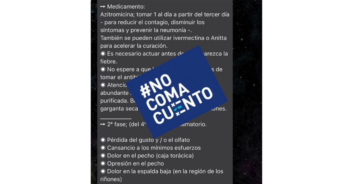 Cadena que se comparte en WhatsApp aconseja automedicarse para eliminar la covid-19.