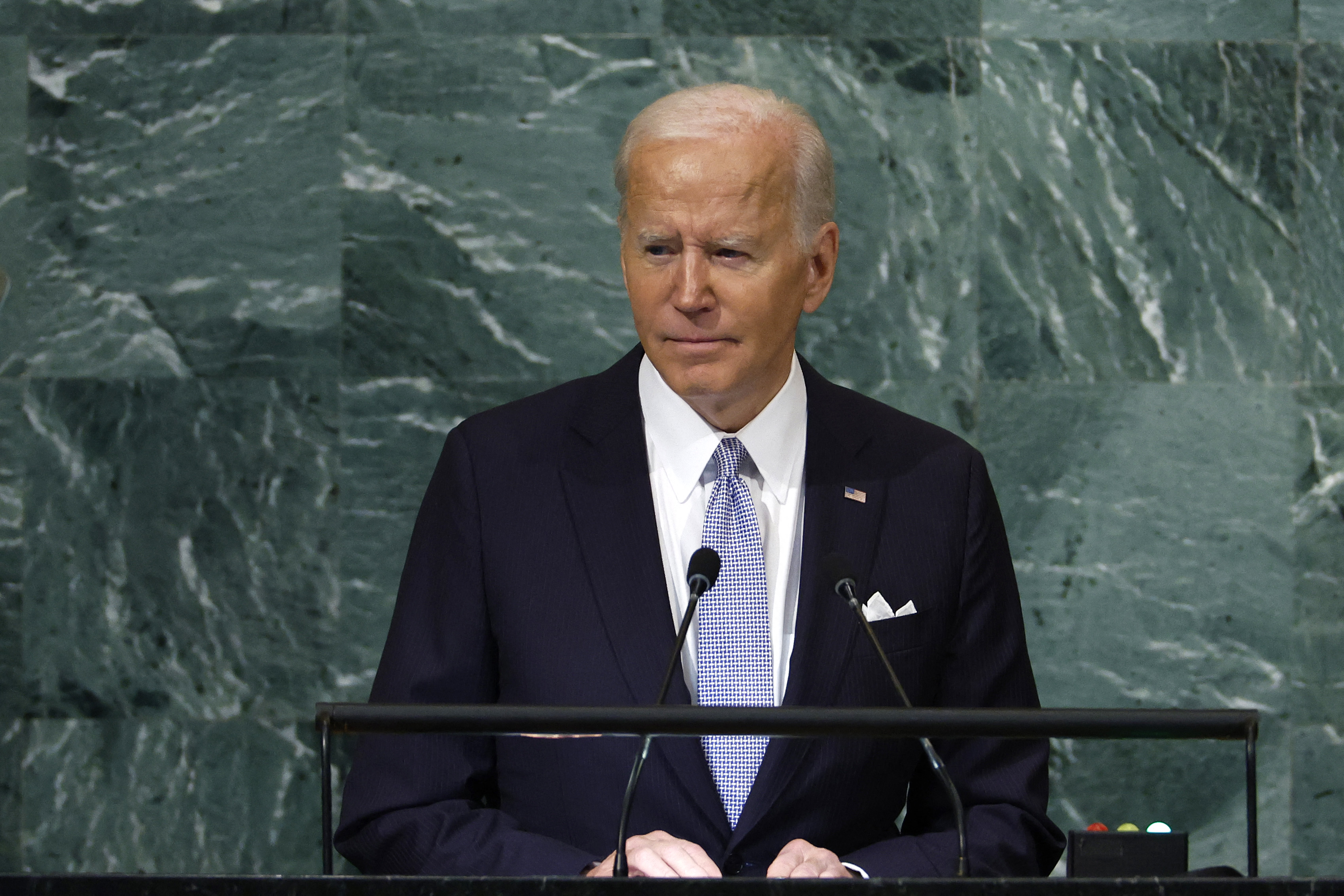 NEW YORK, NEW YORK - SEPTEMBER 21: U.S. President Joe Biden speaks during the 77th session of the United Nations General Assembly (UNGA) at U.N. headquarters on September 21, 2022 in New York City. During his remark, Biden condemned Russia for its invasion in Ukraine and discussed the United States investment in combatting climate change. After two years of holding the session virtually or in a hybrid format, 157 heads of state and representatives of government are expected to attend the General Assembly in person. Anna Moneymaker/Getty Images/AFP (Photo by Anna Moneymaker / GETTY IMAGES NORTH AMERICA / Getty Images via AFP)