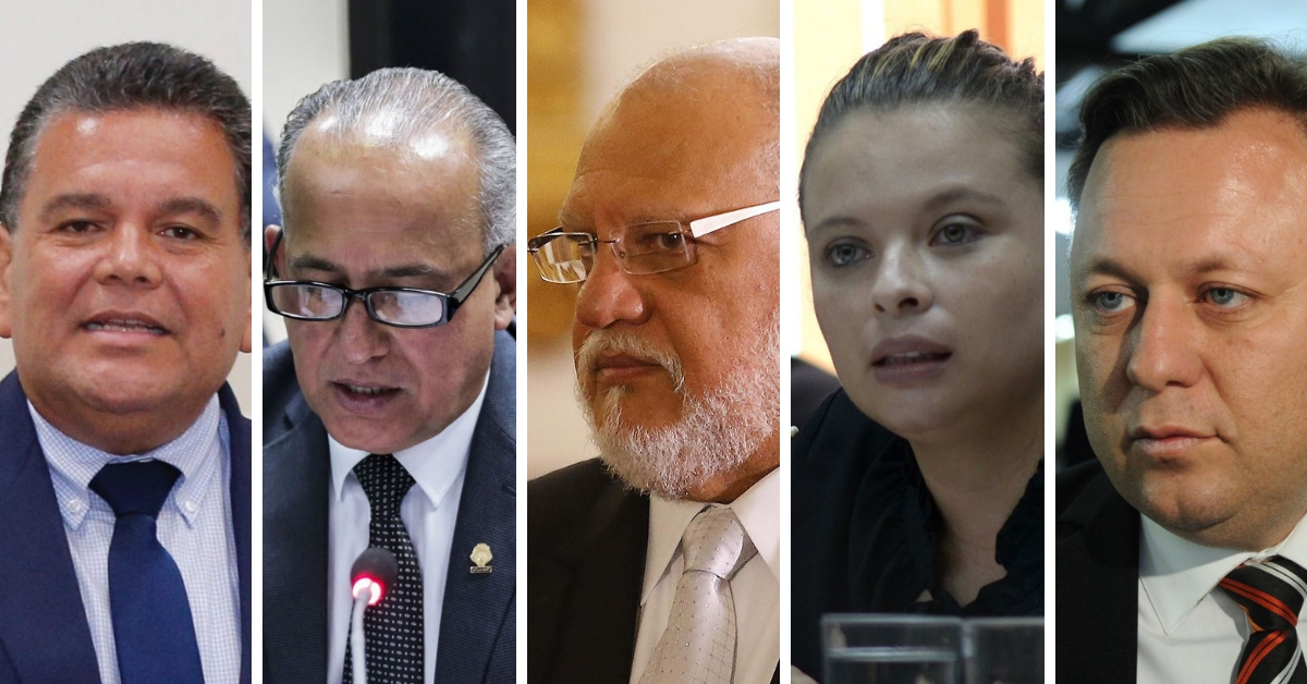 Los diputados que votaron a favor del informe de mayoría que recomienda no reelegir al magistrado Paul Rueda, de izquierda a derecha son: Rodolfo Peña, del PUSC; Luis Fernando Chacón, del PLN; Carlos Avendaño y Xiomara Rodríguez, del PRN; y Dragos Dolanescu, del PRSC. Fotos: La Nación