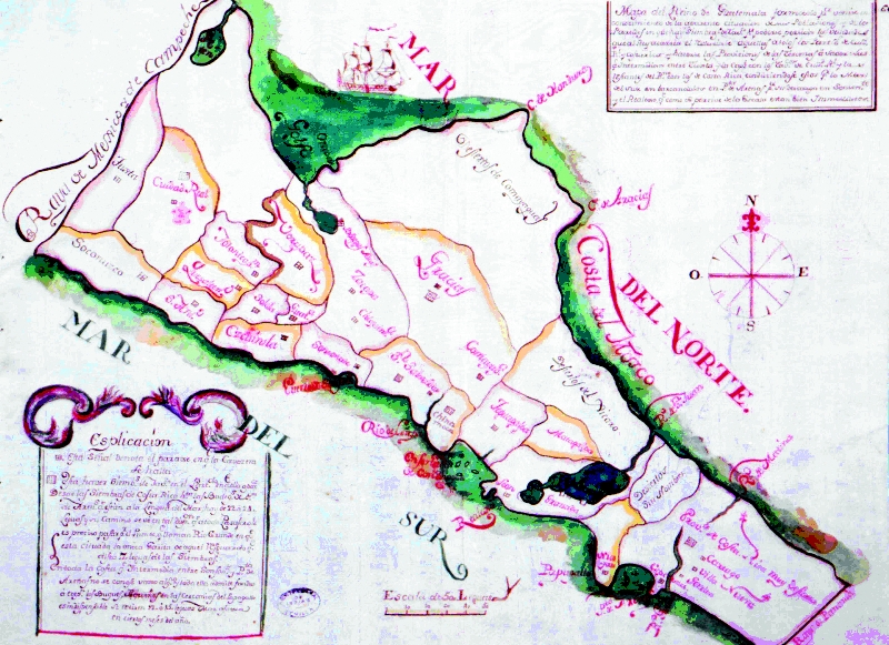 Esta mapa de 1787 muestra las poblaciones productoras de tabaco en el Reino de Guatemala. | FUENTE: ARCHIVO GENERAL DE INDIAS, MAPAS Y PLANOS, GUATEMALA, 309.