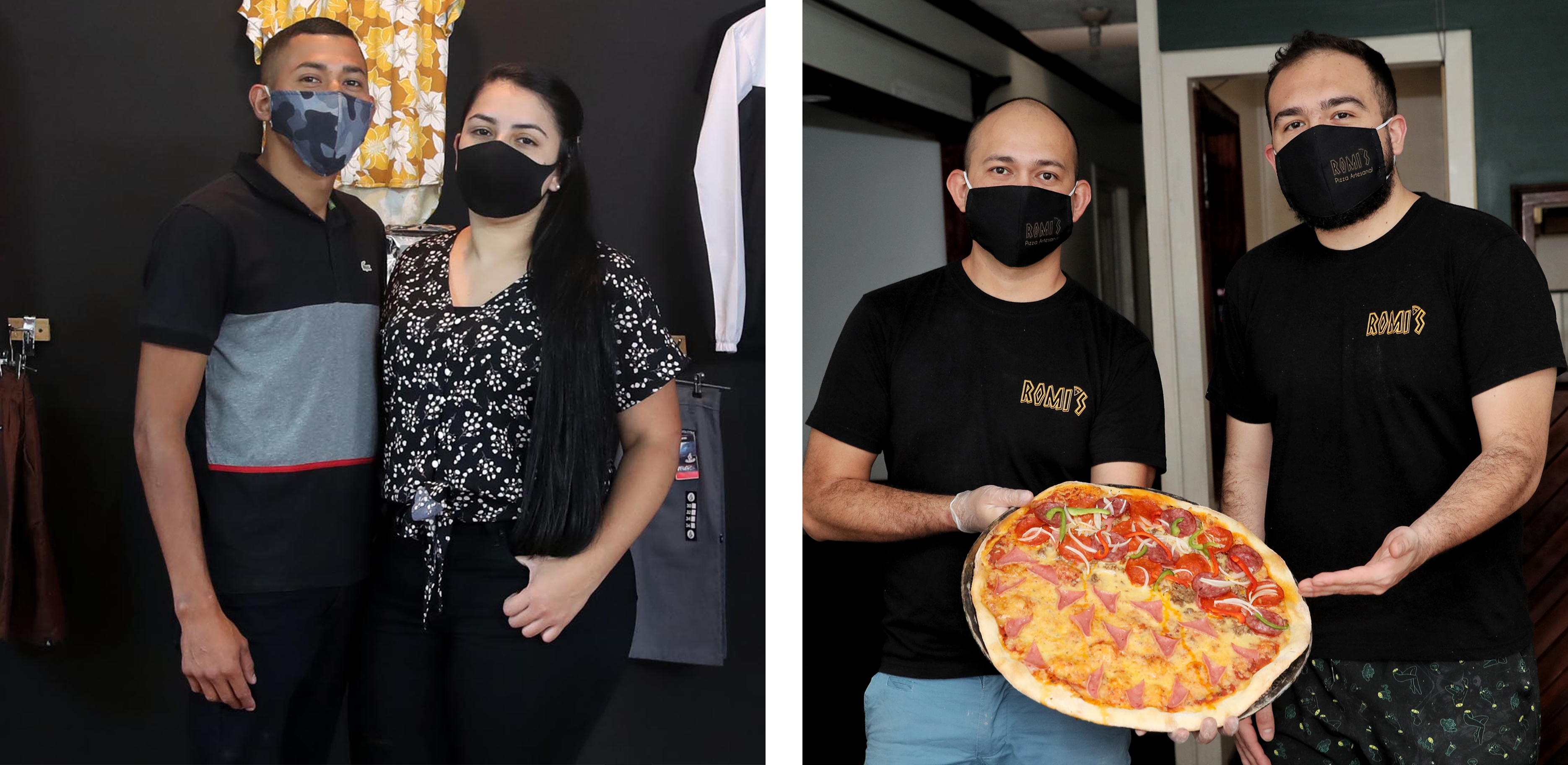 José Antonio Avilés y su pareja Mauren Acosta abrieron una barbería y tienda de ropa en Desamparados; Héctor Garita y su primo Vladimir Bonilla hicieron una Pizzería en Santo Domingo de Heredia. Fotos: Alonso Tenorio y John Durán.