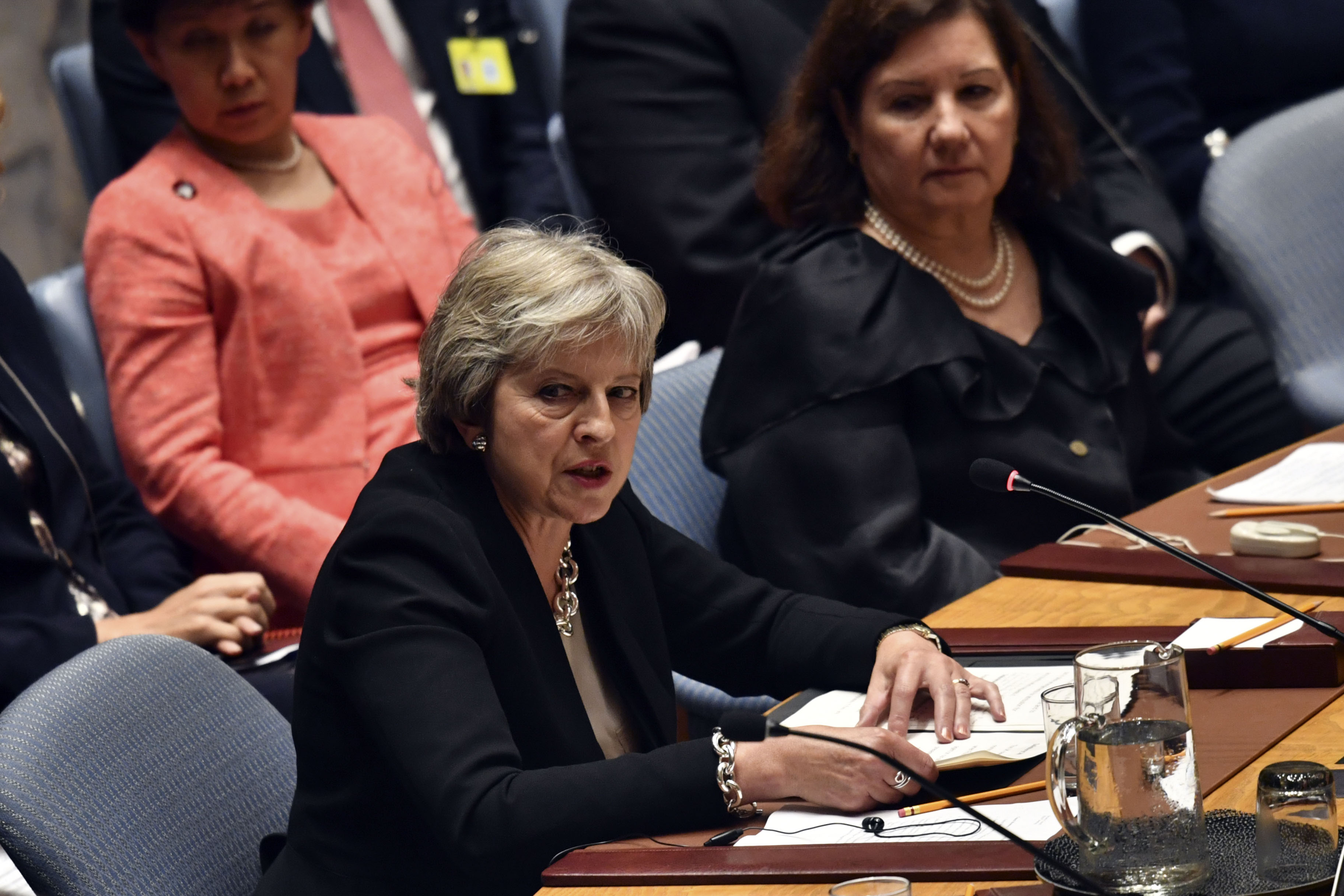 British Prime Minister Theresa May speaks during the United Nations Security Council briefing on counterproliferation at the United Nations in New York on the second day of the UN General Assembly September 26, 2018. (Photo by Nicholas Kamm / AFP)