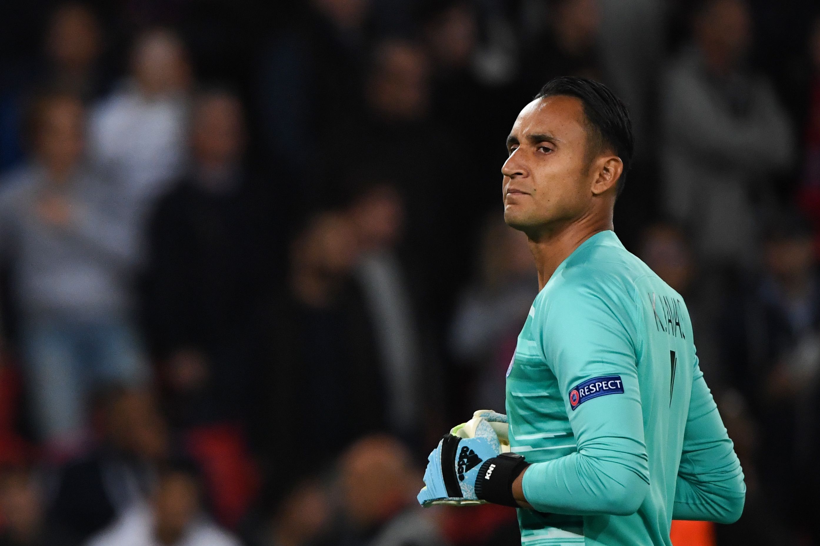 Paris Saint-Germain's Costa Rican Keylor Navas reacts during the UEFA Champions league Group A football match between Paris Saint-Germain and Real Madrid, at the Parc des Princes stadium, in Paris, on September 18, 2019. (Photo by MARTIN BUREAU / AFP)