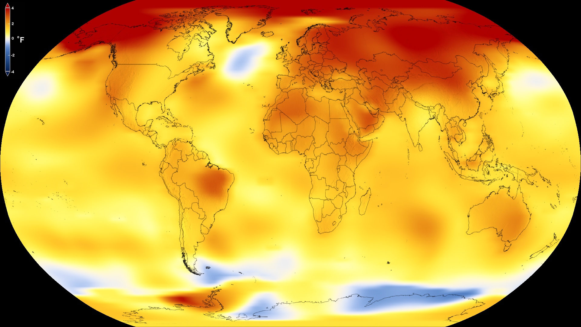 Las zonas en amarillo y en rojo representan las zonas que tienen una temperatura promedio mayor al considerado como base de referencia (compuesto por las temperaturas promedios entre 1951 y 1980). Imagen del Estudio de Visualización Científica de la NASA.