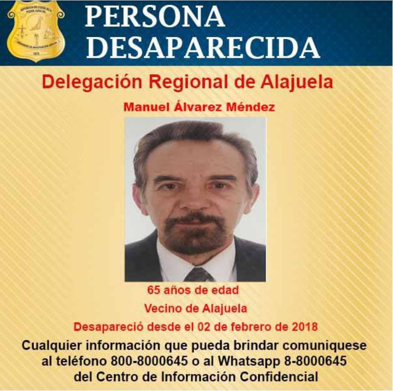 Manuel Alvarez Méndez ciudadano español que vive en La Garita de Alajuela y está desaparecido