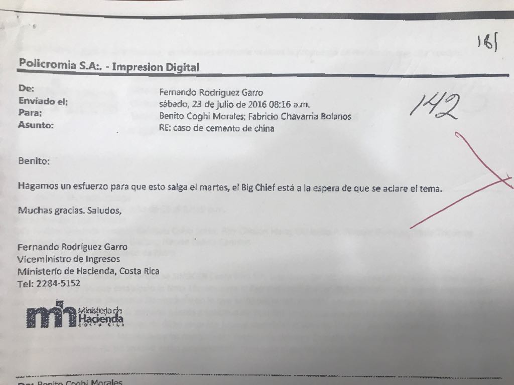 Correspondencia entregada por Benito Coghi a la comisión legislativa.