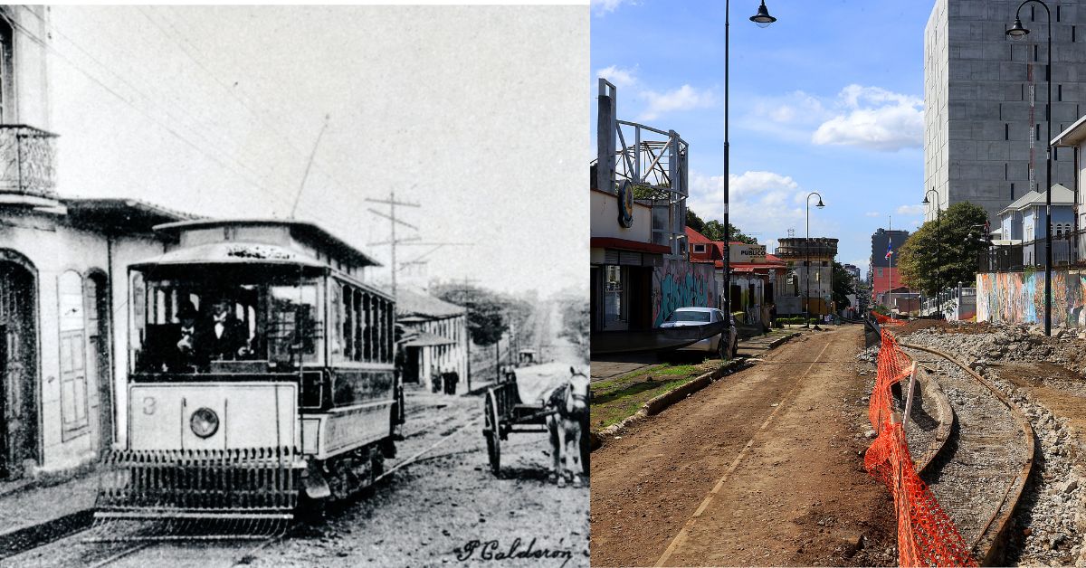 Foto histórica del tranvía en San José a inicios del siglo XX y foto actual de los rieles del antiguo tranvía en la actualidad.