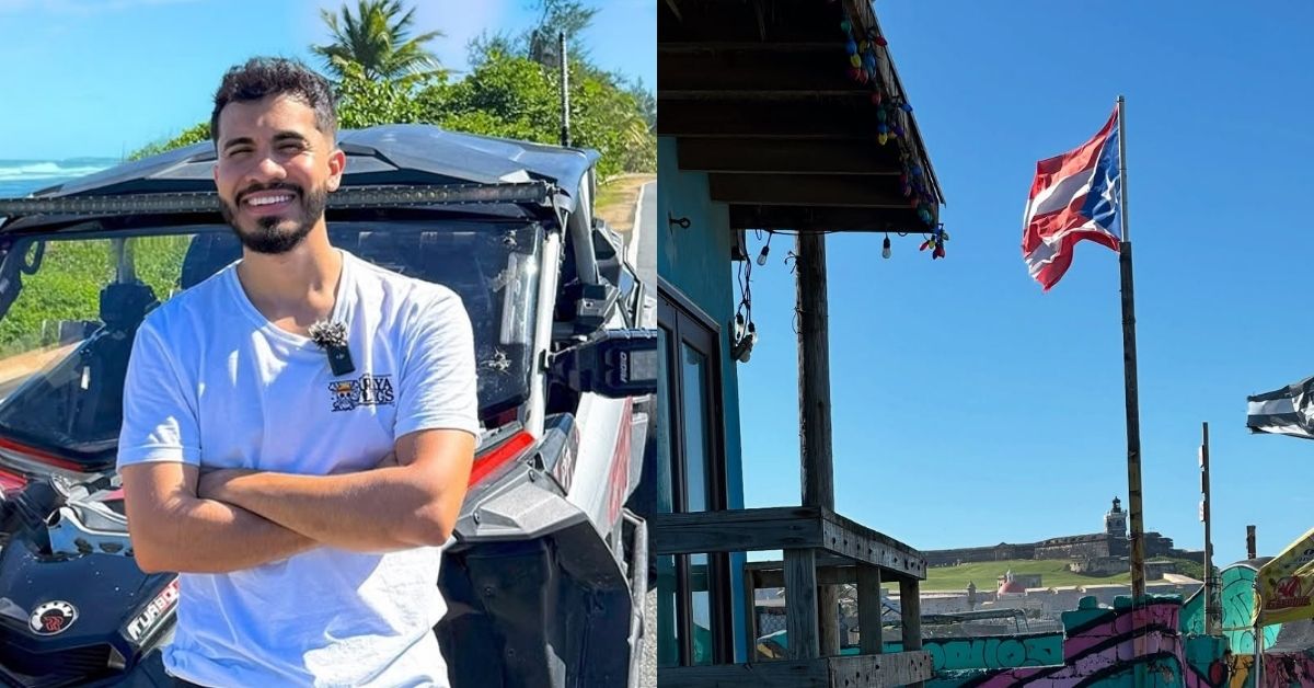 Izquierda: plano americano de Araya Vlogs apoyado en un carro en Puerto Rico; Derecha: foto de una playa en la que se ve una bandera de Puerto Rico