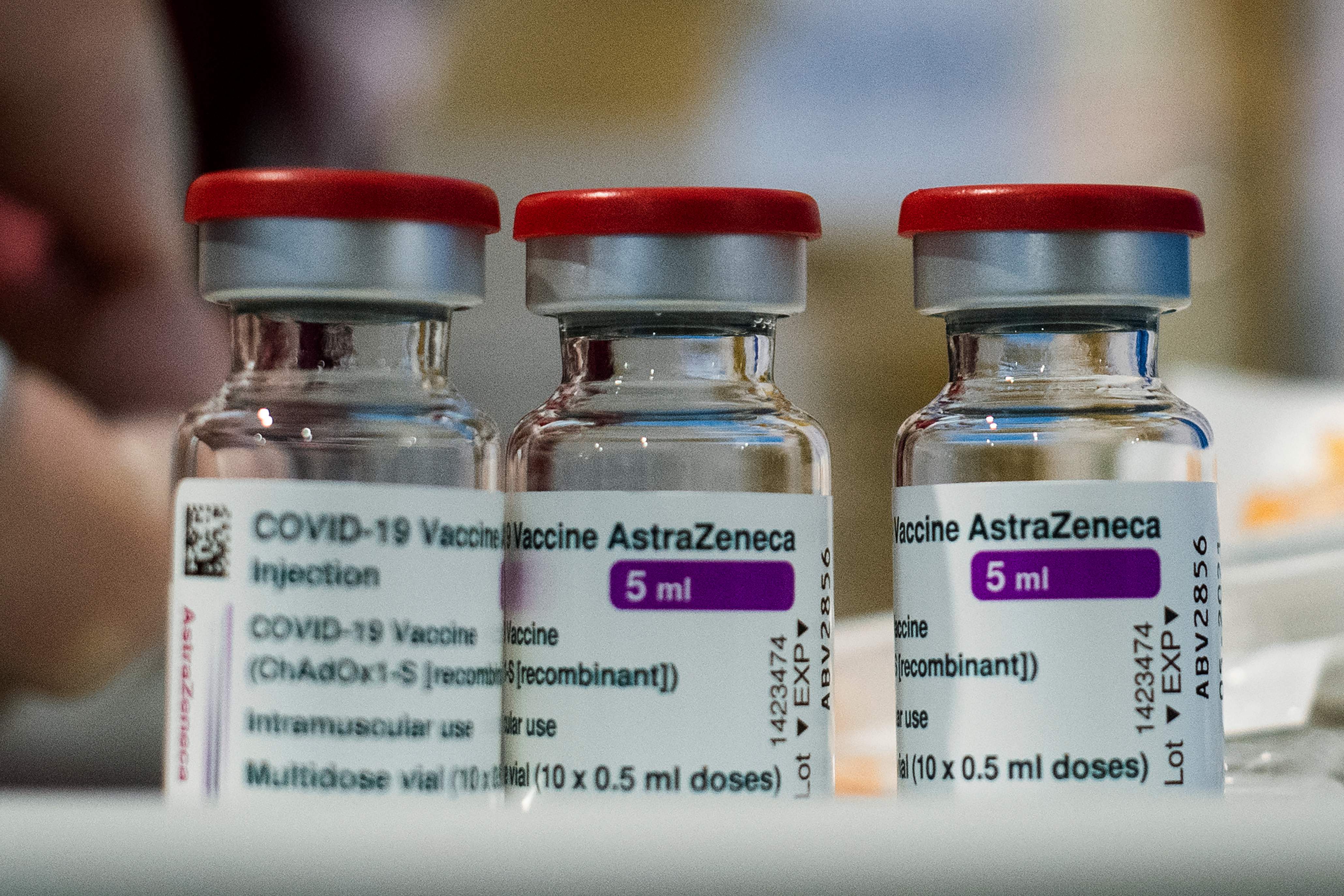 A view shows doses of the AstraZeneca vaccine on February 11, 2021 at the start of a vaccination campaign at a hub for Covid-19 vaccinations located in Rome's Fiumicino airport long-term parking area. - The 1,500-sqm hub is Italy's first major national covid-19 vaccination centre to open at an airport, with the capacity to administer 3,000 vaccines per day. The initiative is being driven by the management company, Aeroporti di Roma (AdR), in collaboration with the Lazio Region, Rome's Spallanzani Institute and the Italian Red Cross. (Photo by Tiziana FABI / AFP)