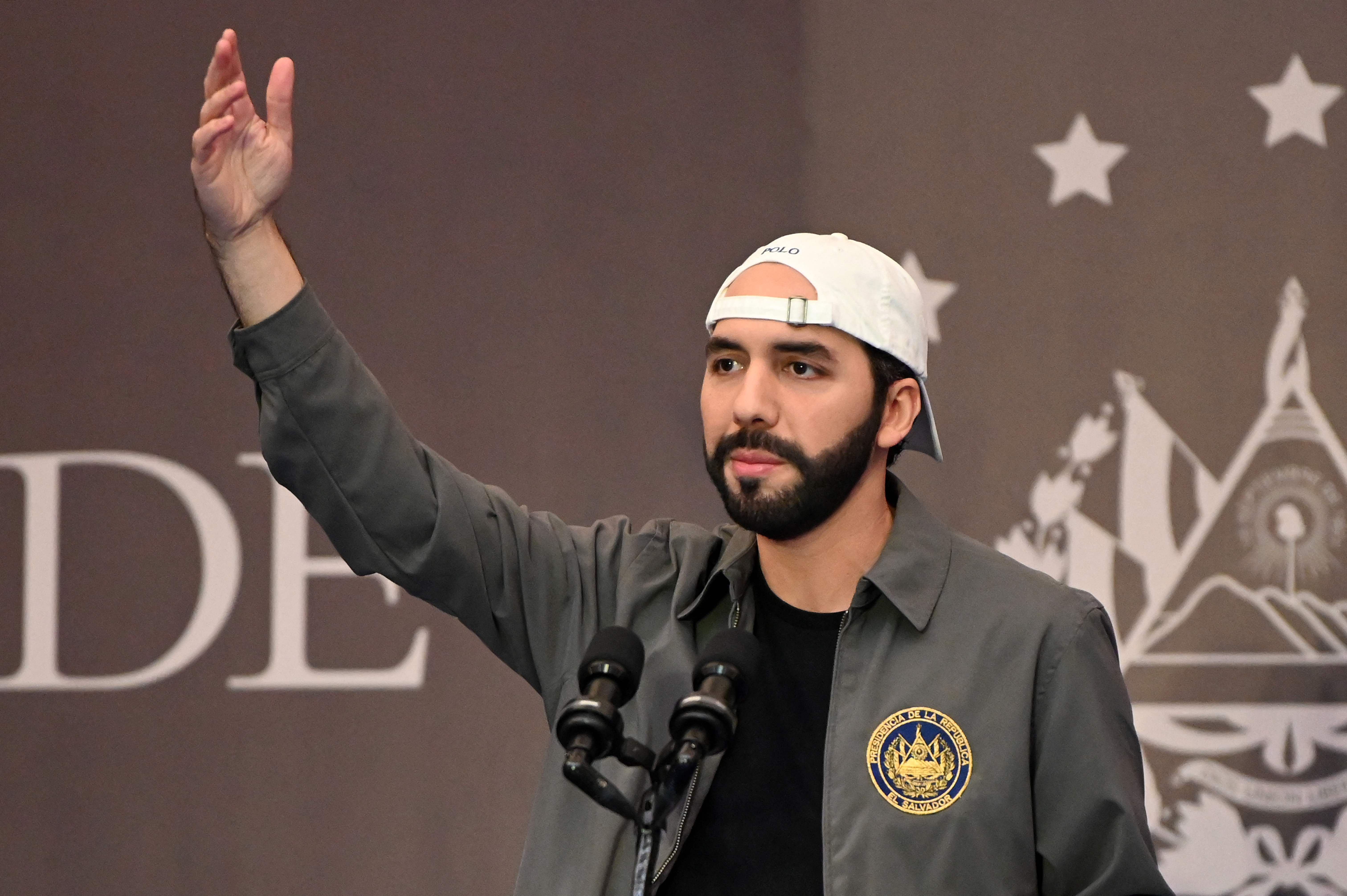 Salvadoran President Nayib Bukele delivers a press conference at a hotel in San Salvador, on February 28, 2021. - Salvadorans went to the polls Sunday to elect new lawmakers and mayors in a vote that could see President Nayib Bukele's backers secure an absolute majority in parliament. (Photo by STANLEY ESTRADA / AFP)