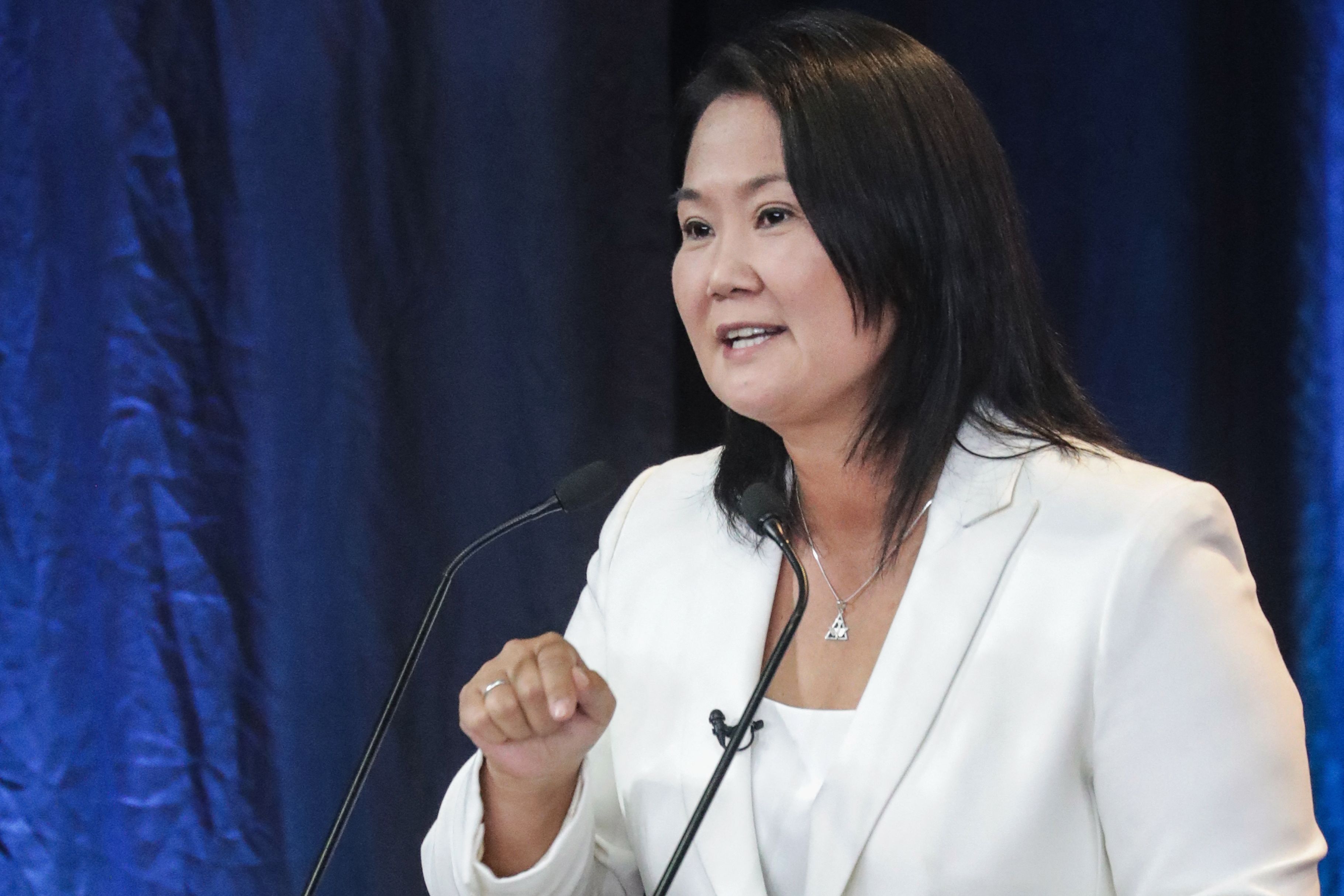 Peruvian presidential candidate, right-wing Keiko Fujimori, speaks during the last debate with her opponent, socialist candidate Pedro Castillo, ahead of the June 6 run-off election, in Arequipa, Peru, on May 30, 2021. (Photo by SEBASTIAN CASTANEDA / X07403 / AFP)