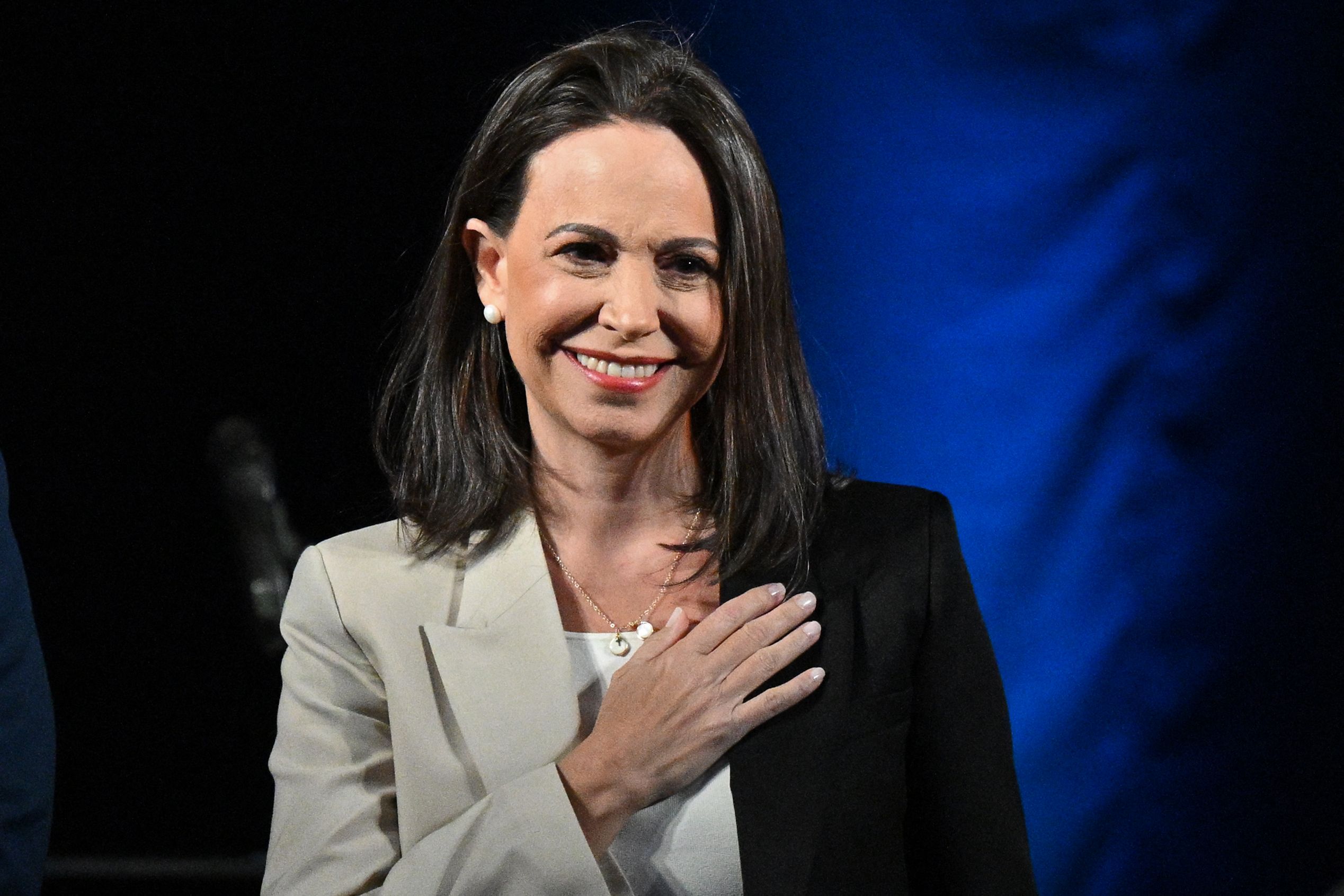 La candidata de oposición venezolana, María Corina Machado, solicitó este miércoles ayuda global para que en Venezuela se efectue unas elecciones limpias y justas. Foto: Federico Parra/AFP