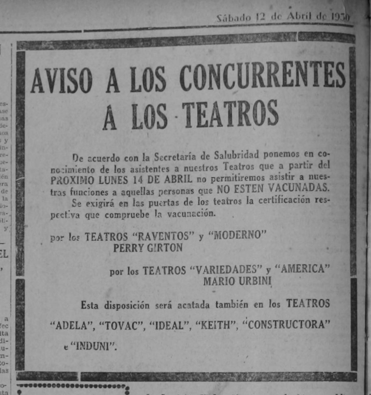 20/12/2021 Material embargado para La Nación hasta 30 enero 2022. reproducción de anuncio publicado en La Nación el 12 de abril de 1930 pagina 04, "Aviso a los concurrentes a los teatros" Historia de la vacunación en CR.