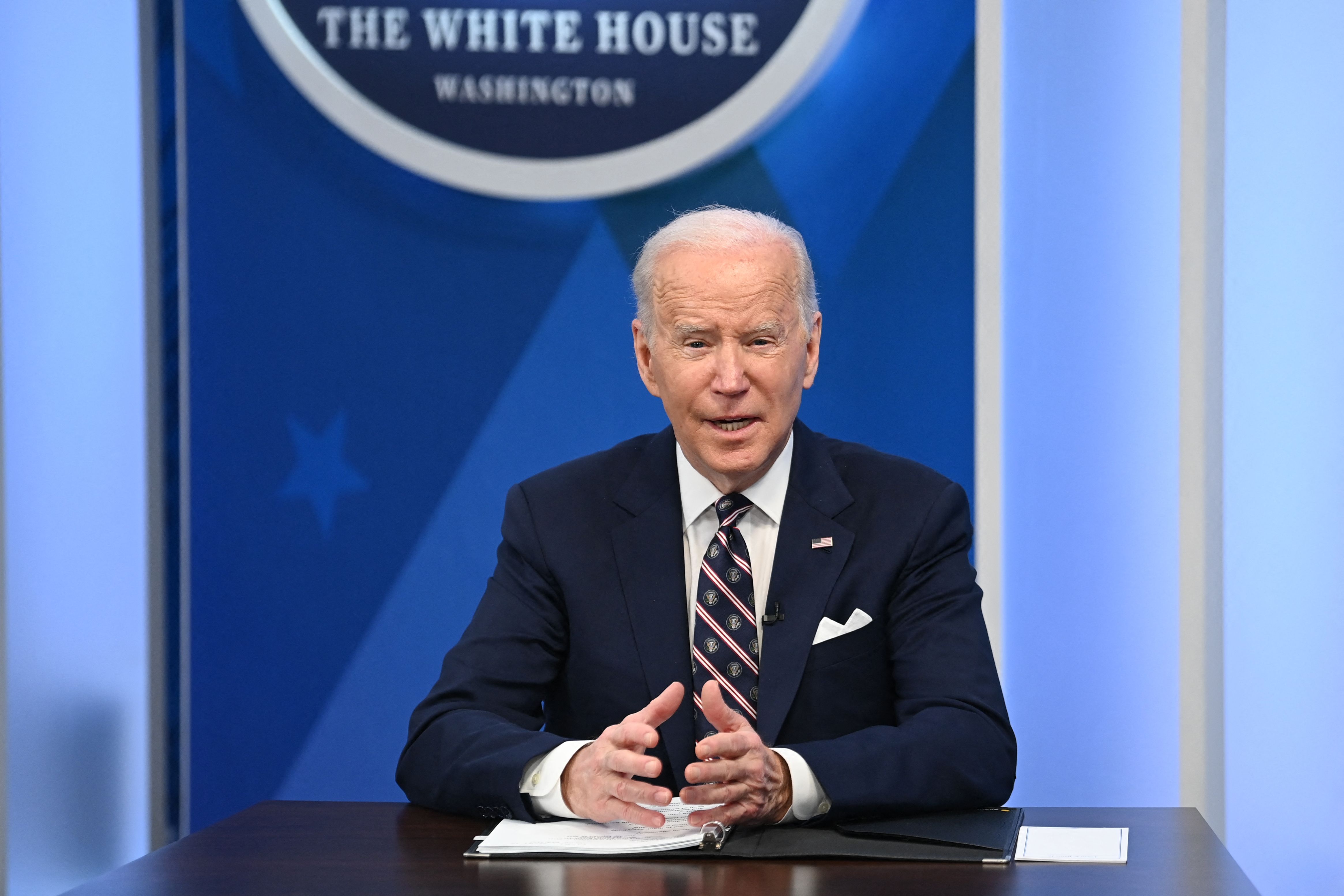 US President Joe Biden speaks during a virtual meeting on securing critical mineral supply chains in the South Court Auditorium near the White House in Washington, DC, on February 22, 2022. (Photo by Brendan SMIALOWSKI / AFP)