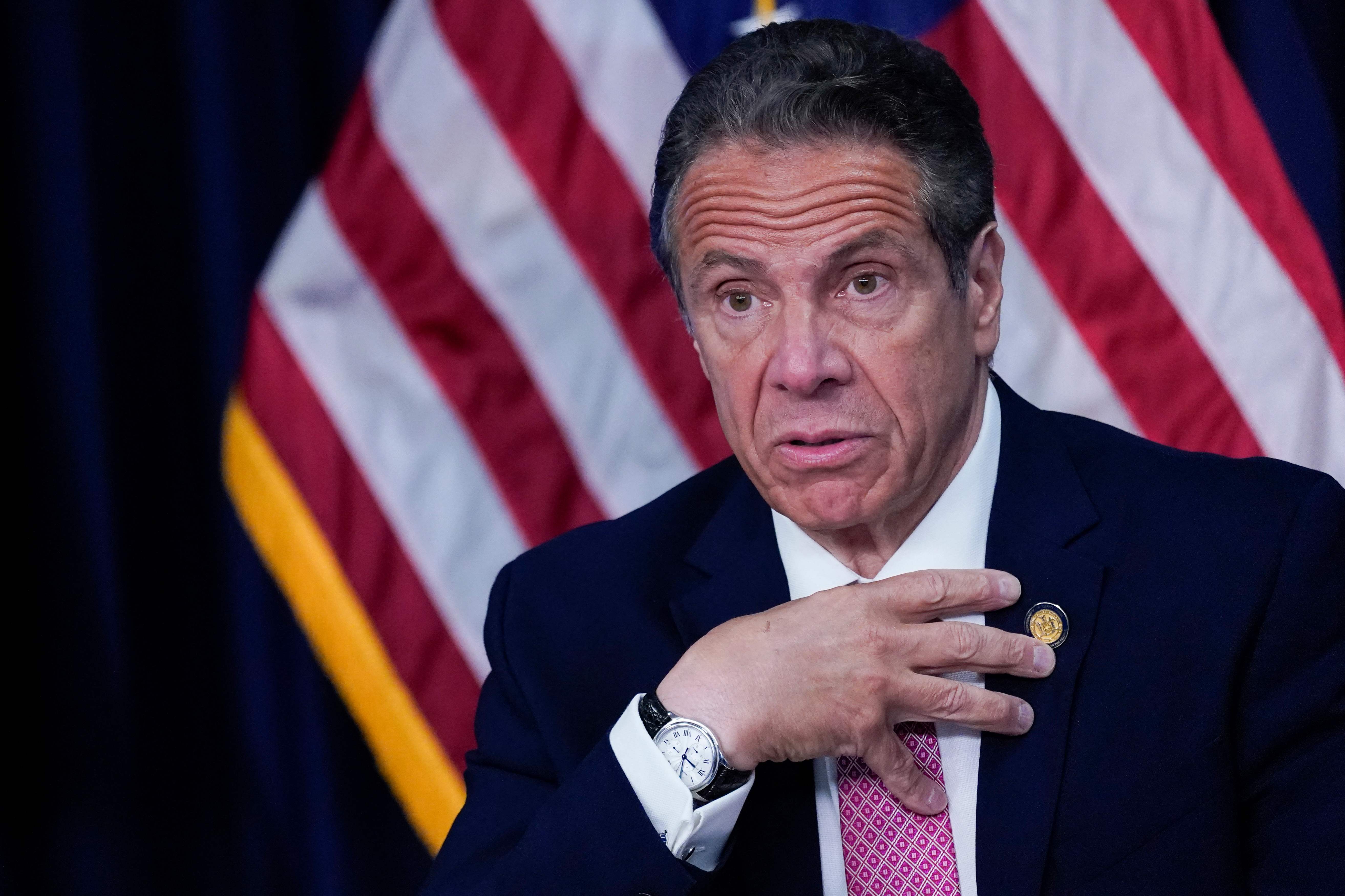 (FILES) In this file photo taken on May 10, 2021 New York Gov. Andrew Cuomo speaks during a news conference in New York City. - New York governor Andrew Cuomo "sexually harassed multiple women," including employees, the state's attorney general Letitia James said on August 3, 2021 as she announced the findings of an independent investigation into allegations against the powerful Democrat. "The independent investigation has concluded that Governor Andrew Cuomo sexually harassed multiple women and in doing so violated federal and state law," James said at a news conference. (Photo by Mary ALTAFFER / POOL / AFP)
