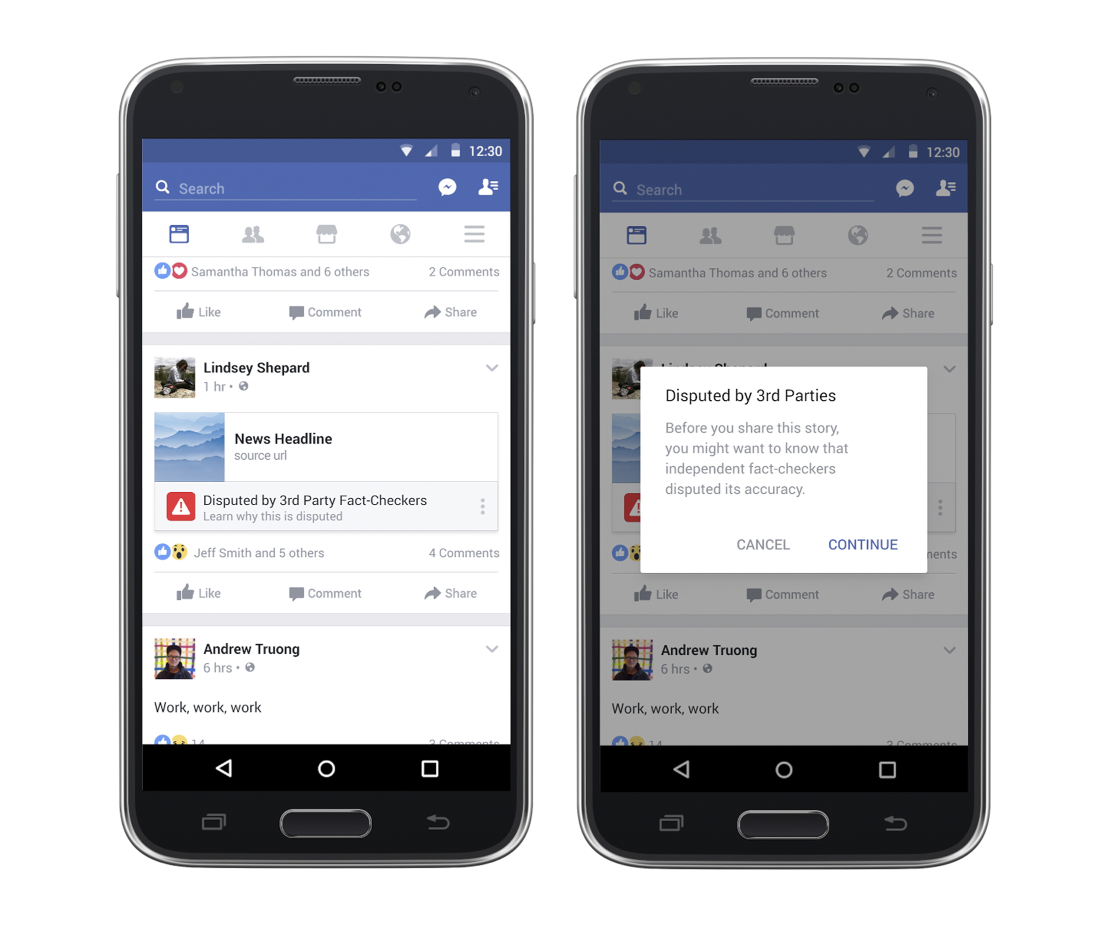 Estas imágenes entregadas por Facebook muestran algunas de las nuevas medidas que la empresa está tomando para reducir la viralización de noticias falsas.
