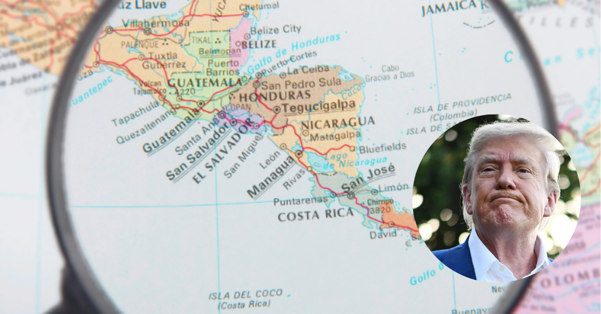 Mapa de Centroamérica con lupa sobre Nicaragua y un retrato del expresidente estadounidense Donald Trump, en referencia a la propuesta de suspender a Nicaragua del tratado comercial DR-Cafta por abusos a los derechos humanos.