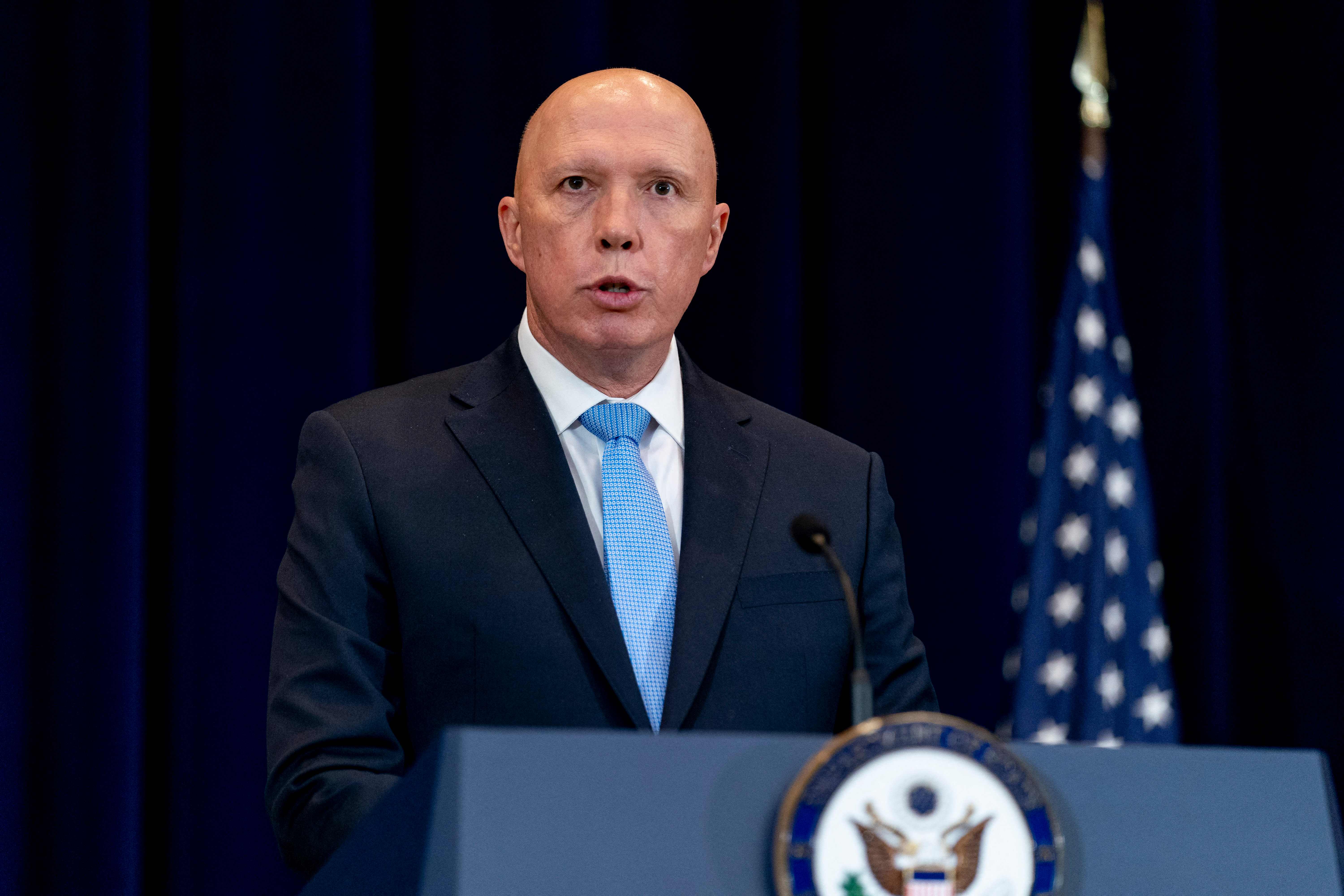 Australian Minister of Defense Peter Dutton speaks at a news conference with Australian Foreign Minister Marise Payne, US Secretary of State Antony Blinken, and US Defense Secretary Lloyd Austinat the State Department in Washington, DC on September 16, 2021. (Photo by Andrew Harnik / POOL / AFP)