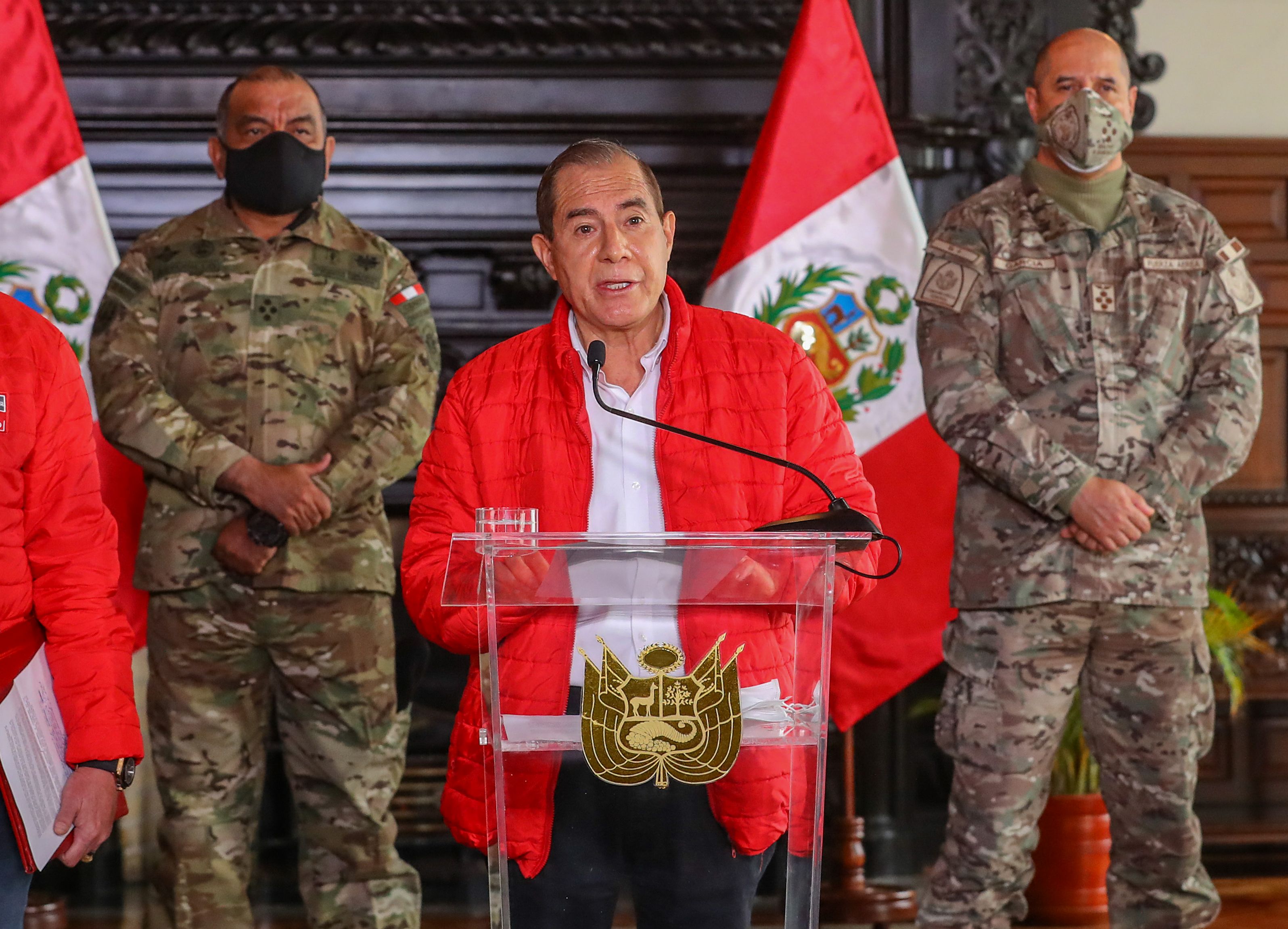 Handout picture released by the Peruvian Presidency showing Prime Minister Walter Martos, issuing a statement after the session of the Council of Ministers in Lima on September 12, 2020. - Martos denounced that the head of Congress, Manuel Merino, had irregularly contacted military leaders to "involve" them in the impeachment process underway against President Mart�n Vizcarra. Congress voted late Friday to open impeachment proceedings against Vizcarra for "moral incapacity" over accusations he incited aides to lie to investigators. (Photo by Andres Valle / Peruvian Presidency / AFP) / RESTRICTED TO EDITORIAL USE - MANDATORY CREDIT "AFP PHOTO /PERUVIAN PRESIDENCY / ANDRES VALLE " - NO MARKETING - NO ADVERTISING CAMPAIGNS - DISTRIBUTED AS A SERVICE TO CLIENTS