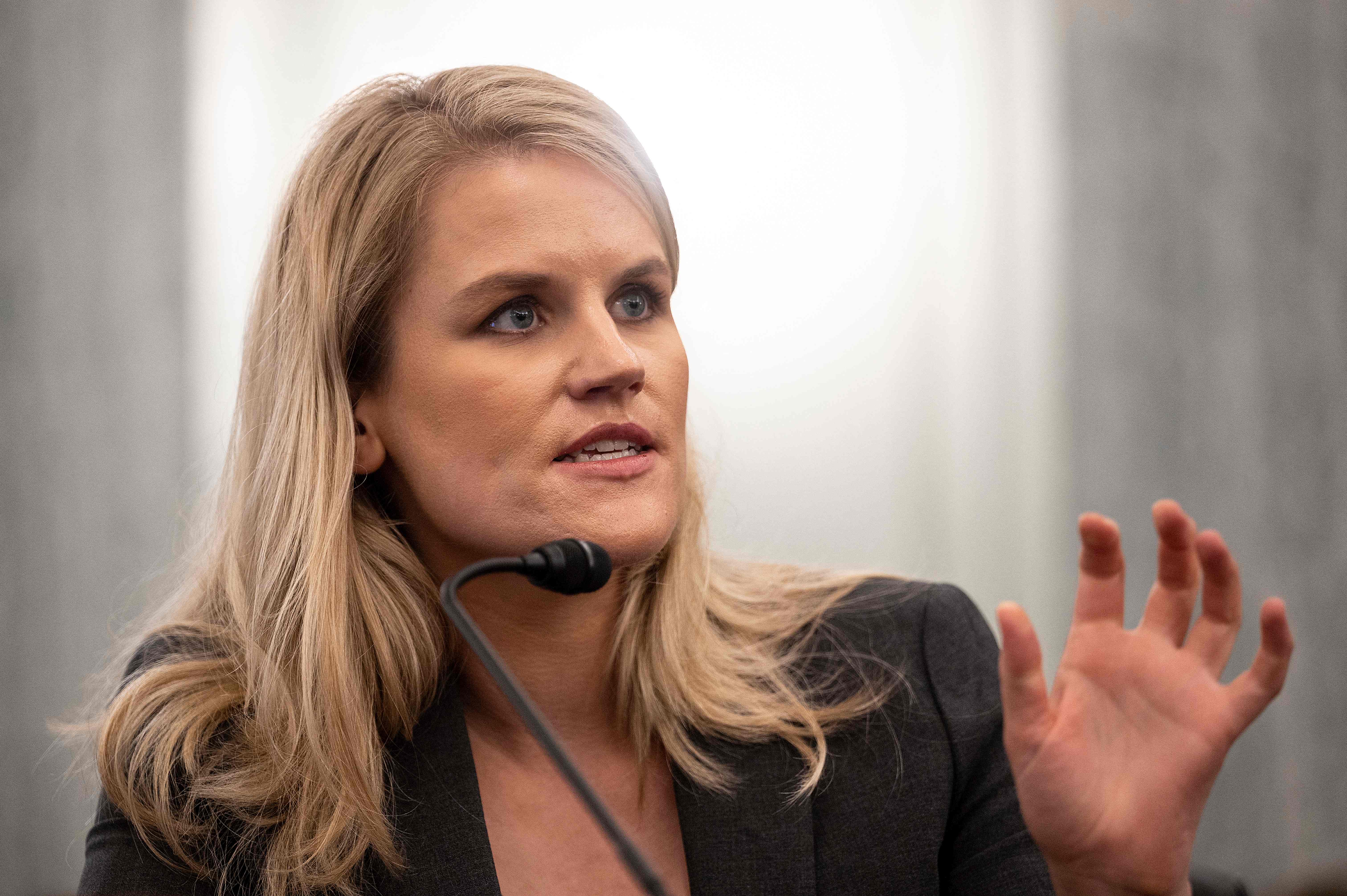 Former Facebook employee and whistleblower Frances Haugen testifies before a Senate Committee on Commerce, Science, and Transportation hearing on Capitol Hill, October 5, 2021, in Washington, DC. (Photo by Jim WATSON / AFP)