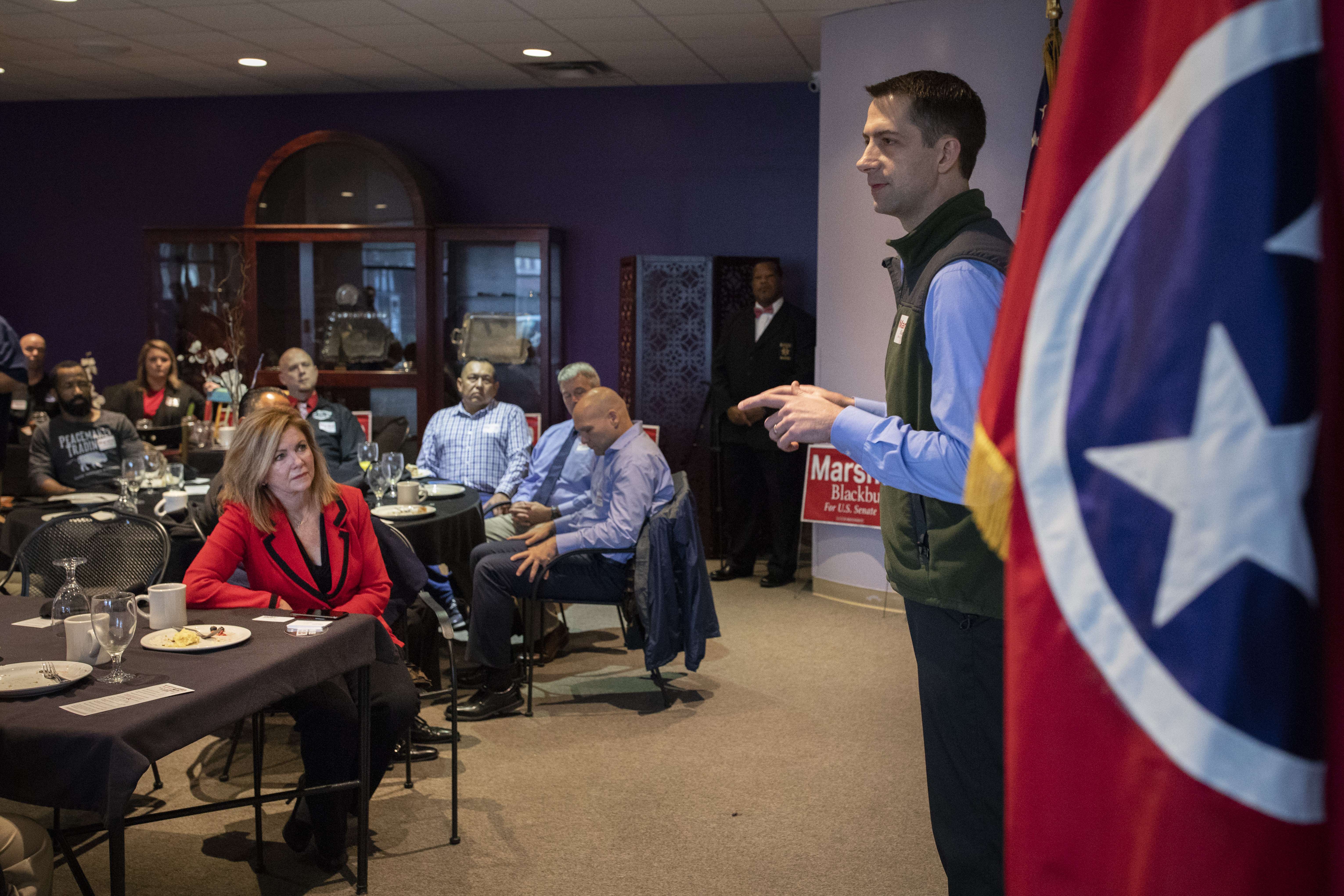 CLARKSVILLE, TN - NOVEMBER 1: (L-R) U.S. Rep. Marsha Blackburn (R-TN), Republican candidate for U.S. Senate, looks on as Sen. Tom Cotton (R-AR) speaks in support of her during a breakfast event at The Looking Glass restaurant, November 1, 2018 in Clarksville, Tennessee. Blackburn, who represents Tennessee's 7th Congressional district in the U.S. House, is running in a tight race against Democratic candidate Phil Bredesen, a former governor of Tennessee. The two are competing to fill the Senate seat left open by Sen. Bob Corker (R-TN), who opted to not seek reelection. Drew Angerer/Getty Images/AFP
== FOR NEWSPAPERS, INTERNET, TELCOS & TELEVISION USE ONLY ==