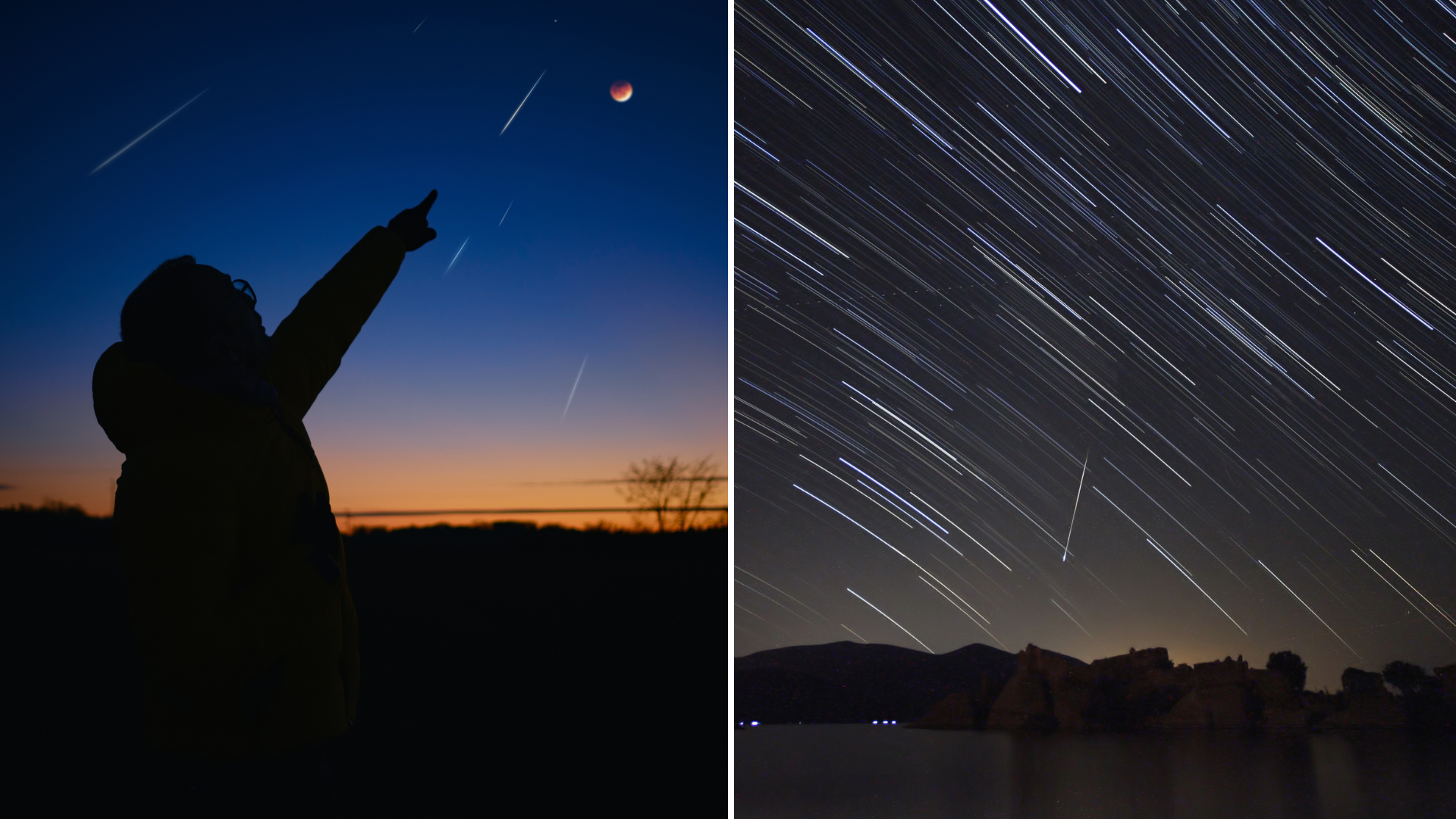 Fotografía dividida en dos escenas nocturnas. A la izquierda, una persona con abrigo apunta hacia un cielo azul oscuro con meteoros brillantes y la Luna enrojecida. A la derecha, una imagen de larga exposición muestra rastros estelares cruzando el cielo sobre un paisaje montañoso y un lago.