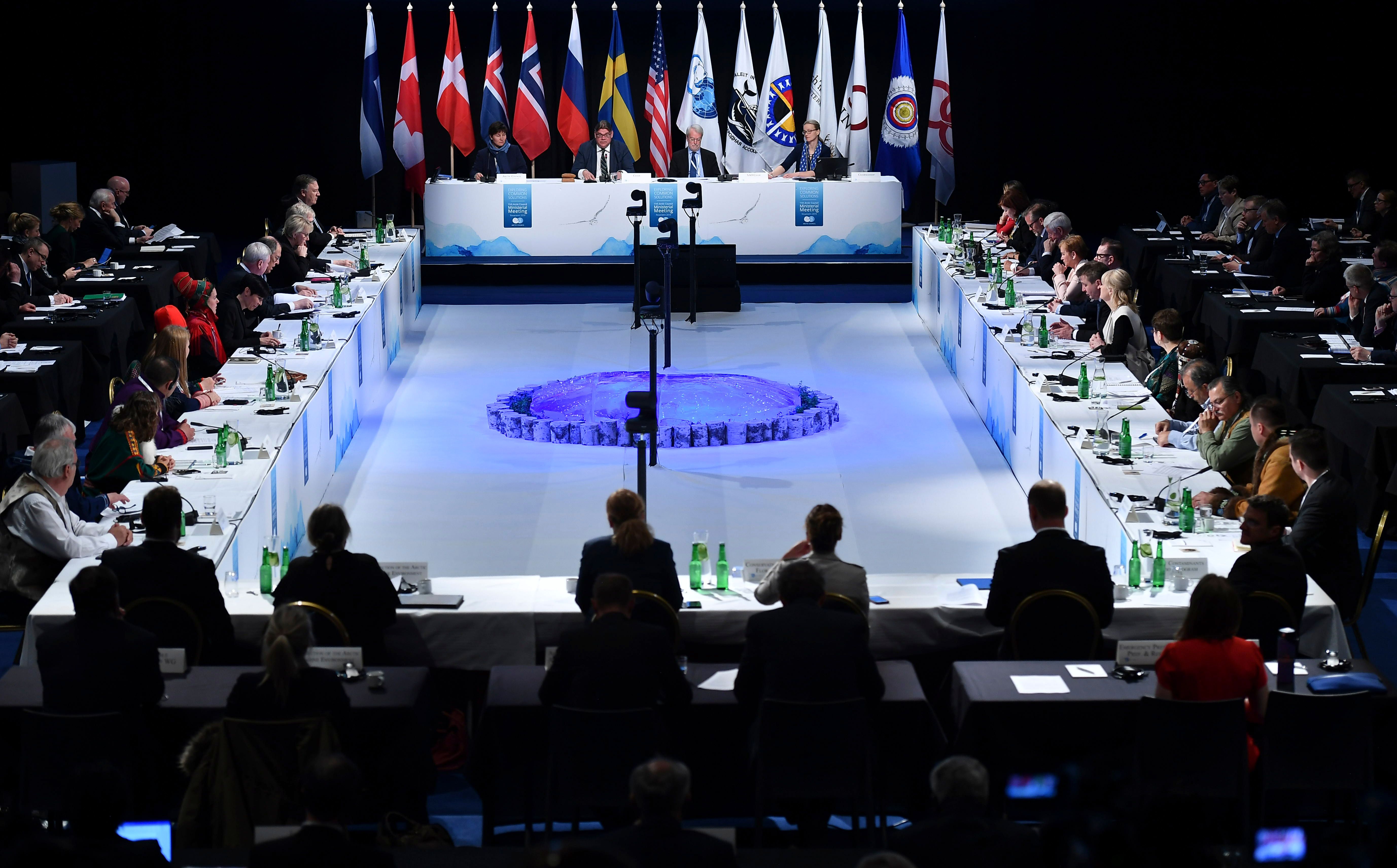 Participants have taken their seats to attend the 11th Ministerial Meeting of the Arctic Council in Rovaniemi, Finland on May 7, 2019. (Photo by MANDEL NGAN / POOL / AFP)