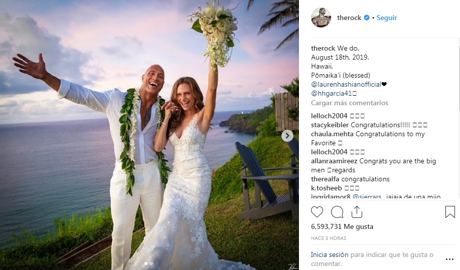 El actor Dwayne Johnson anunció su boda sorpresa por medio de sus redes sociales. El artista de 47 años contrajo nupcias con la productora musical Lauren Hashian luego de 12 años de ser novios. Foto: Captura de pantalla.