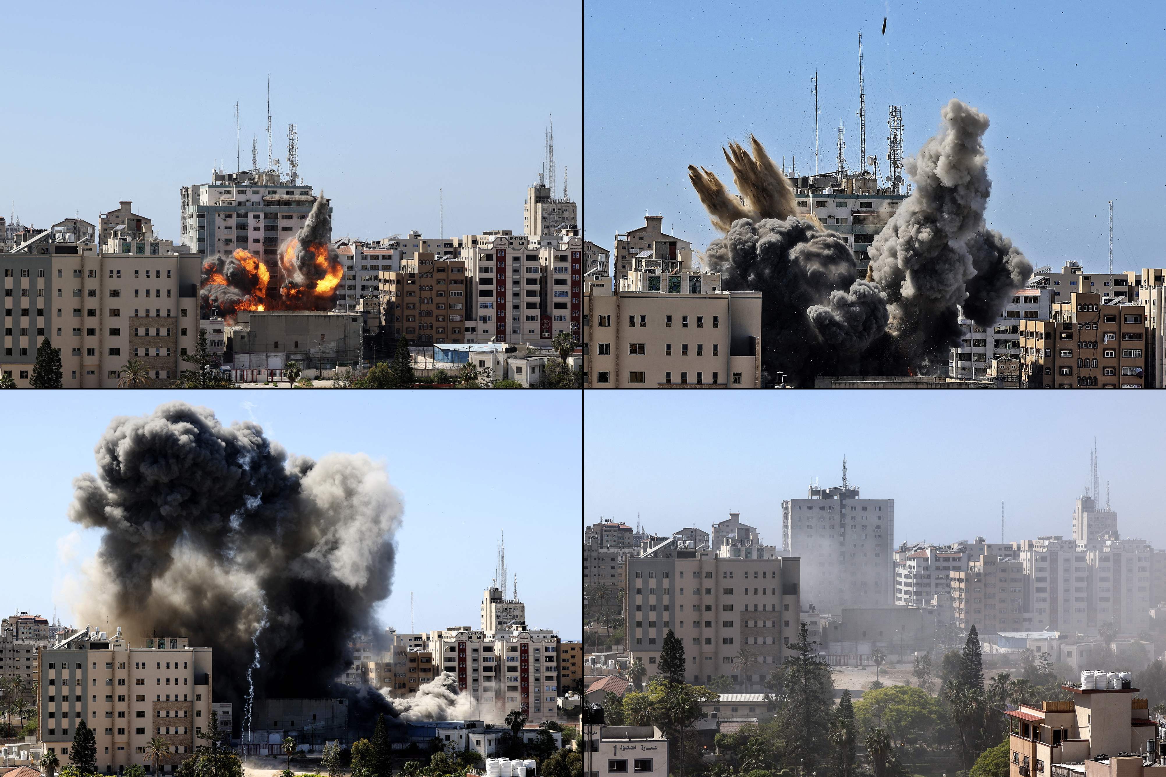 TOPSHOT - (COMBO) This combination of pictures created on May 15, 2021 shows the Jala Tower (highest building) housing international media outlets in Gaza city controlled by the Palestinian Hamas movement, being hit by an Israeli air strike and collapsing on May 15, 2021. - Israeli air strikes pounded the Gaza Strip, killing 10 members of an extended family and demolishing a key media building, while Palestinian militants launched rockets in return amid violence in the West Bank. Israel's air force targeted the 13-floor Jala Tower housing Qatar-based Al-Jazeera television and the Associated Press news agency. (Photo by Mahmud Hams / AFP)